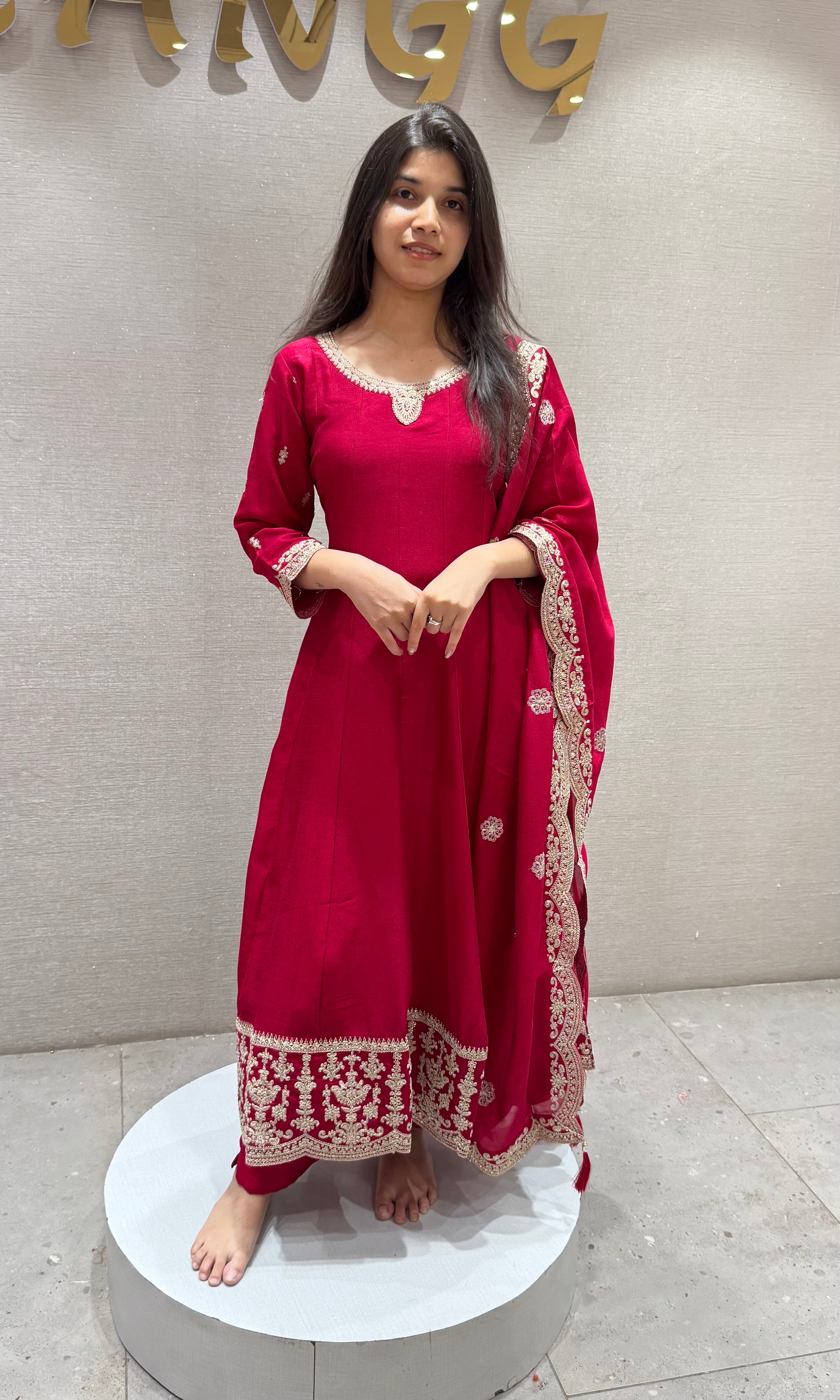 RANI PINK Embroidered Silk ANARKALI Set
