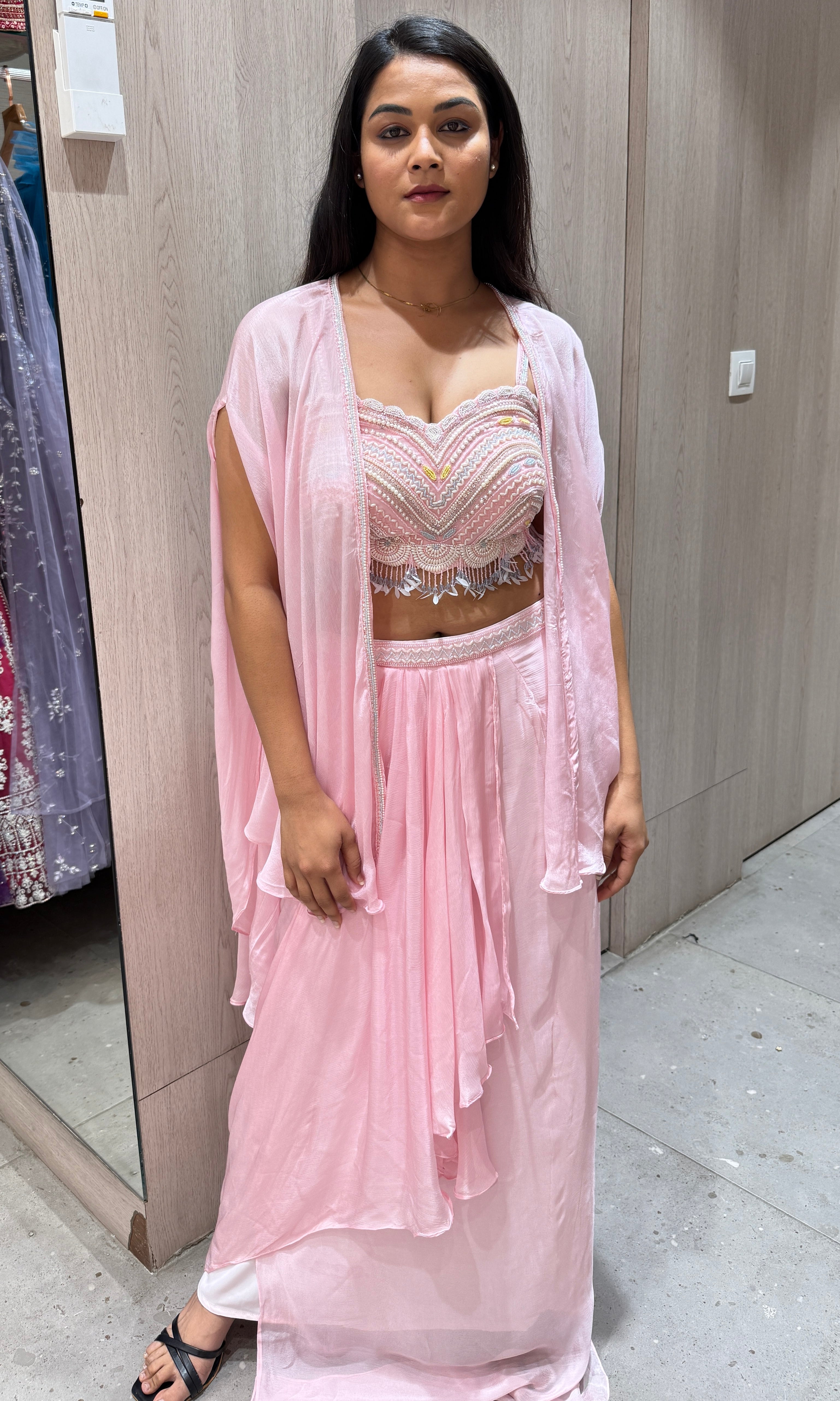 Pink 3 piece Indo western dress with cape