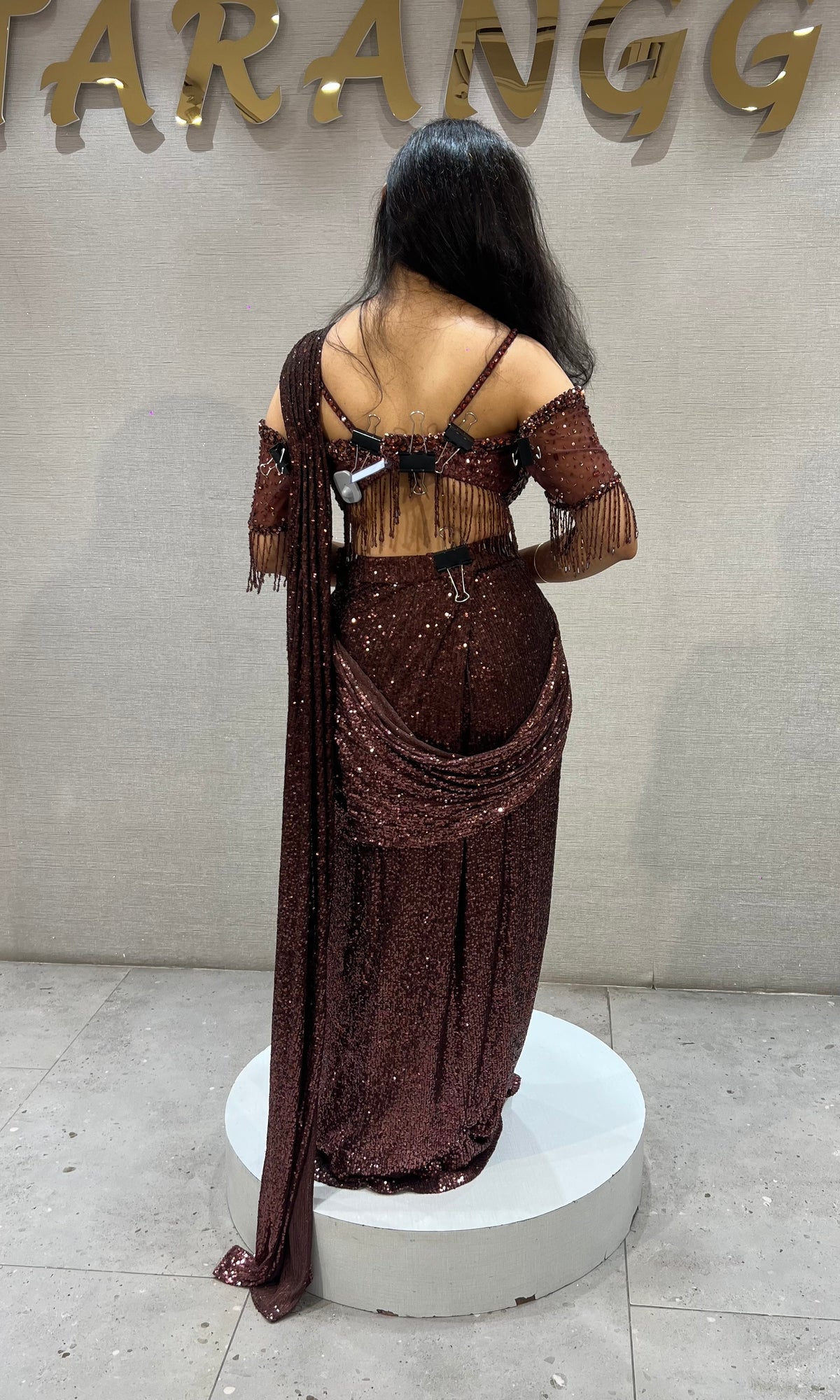 Copper Sequined Draped Saree with Off-Shoulder Blouse
