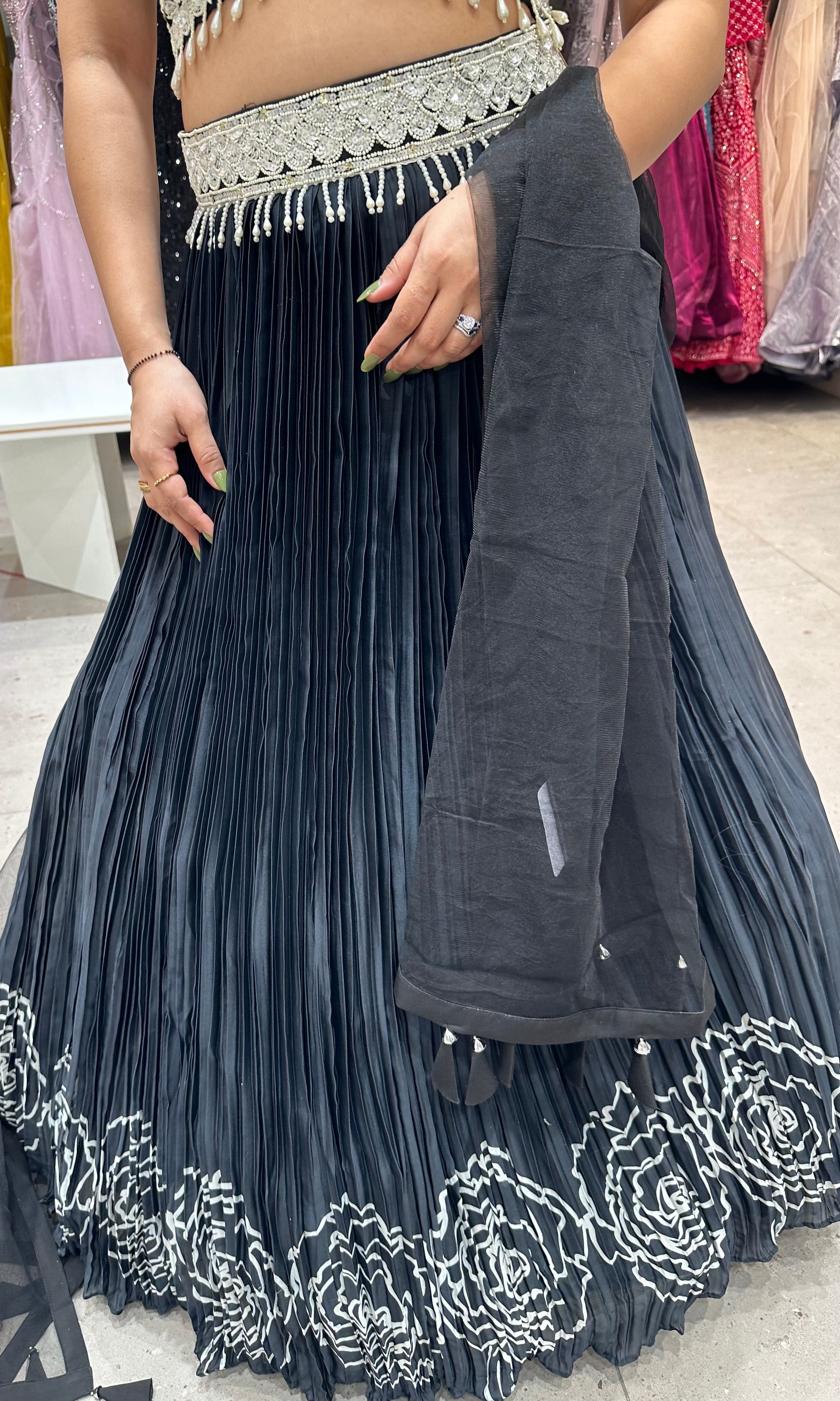 Black and white Lehenga with designer blouse and netted dupatta