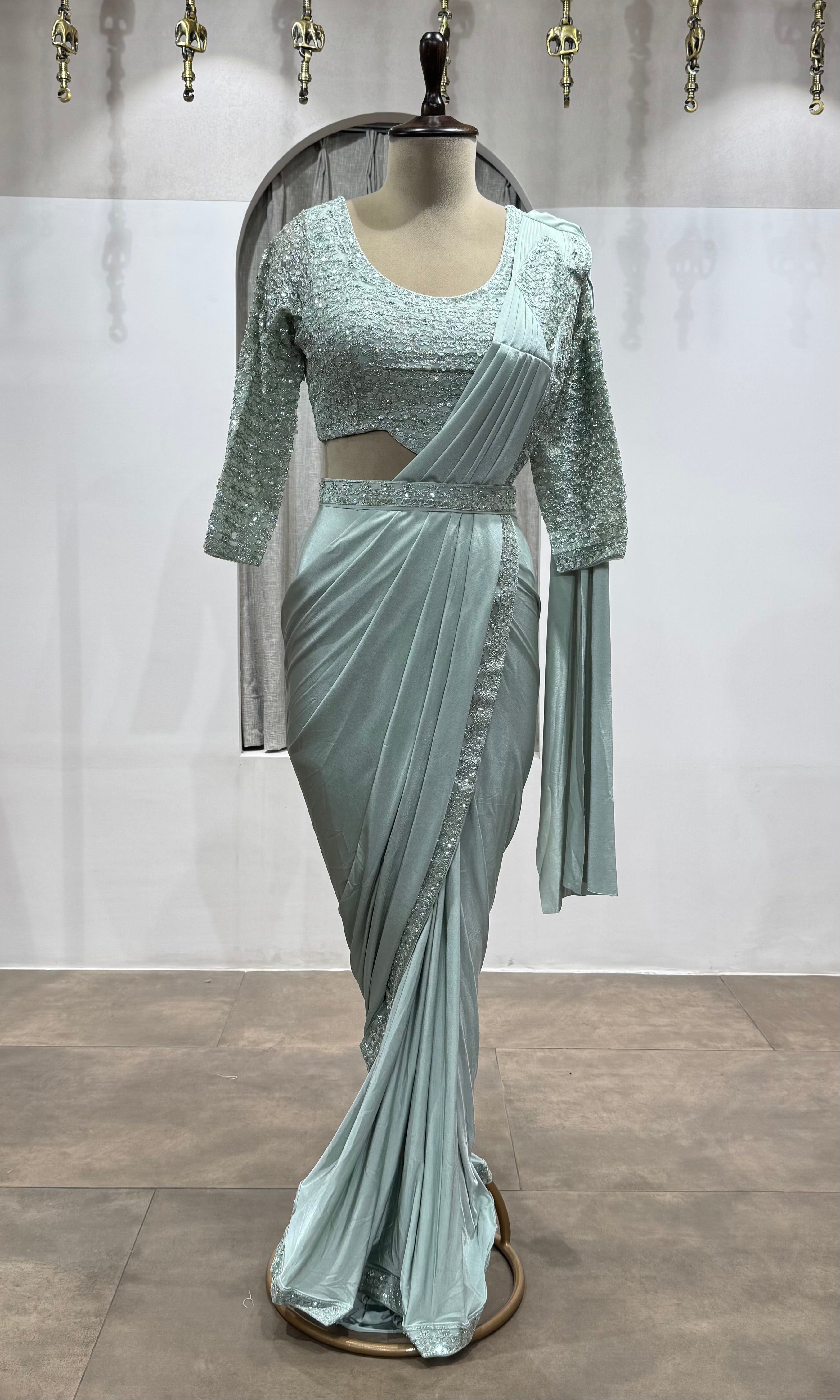 Pista Green DRAPE SAREE WITH ETHNIC BLOUSE & BELT