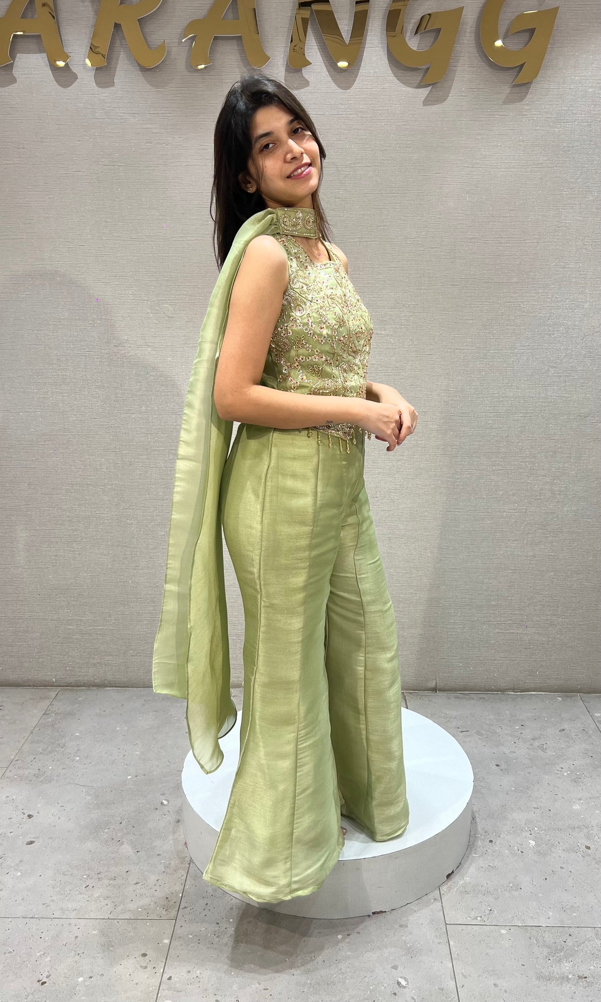 Pista Green shimmer Embellished Palazzo set