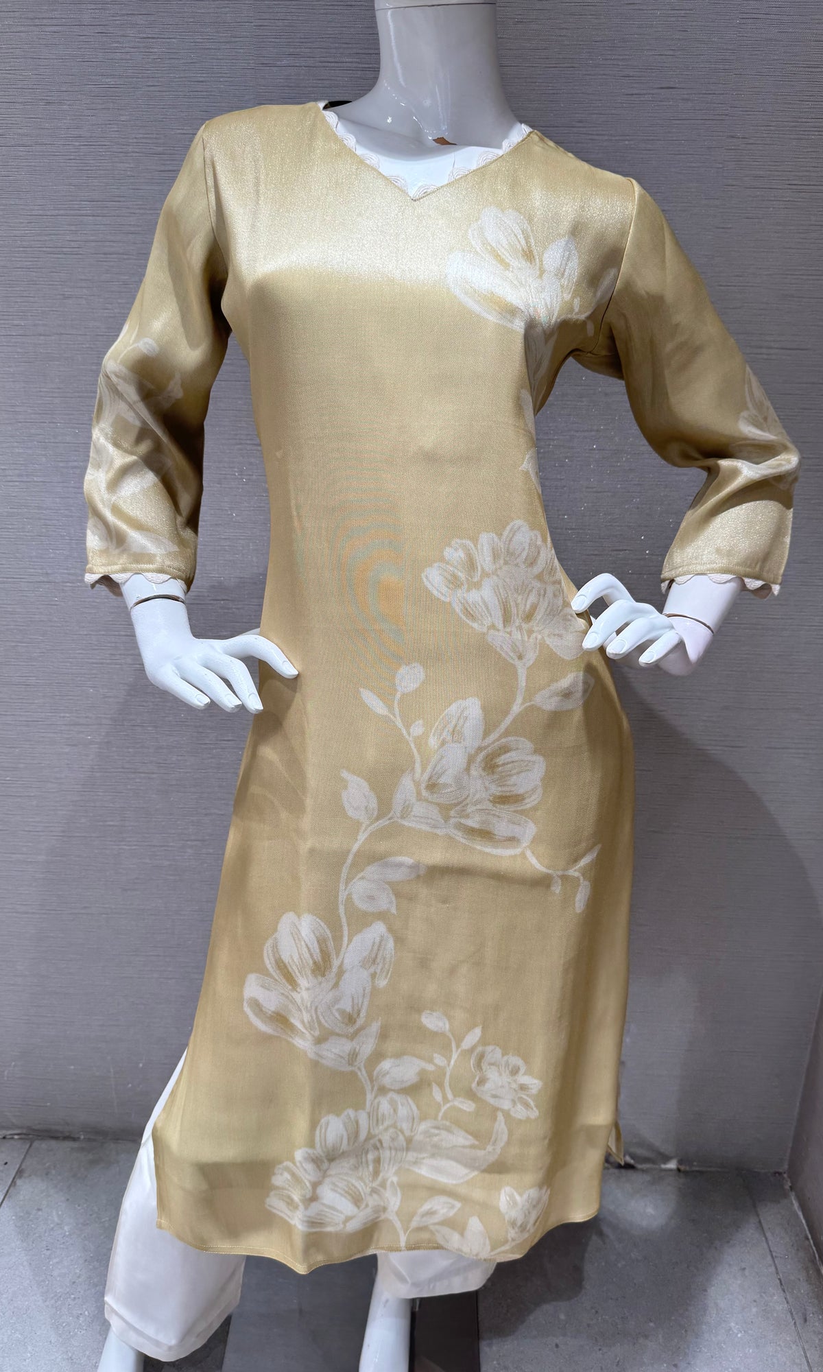 Gold Satin Floral Kurti top with bottom
