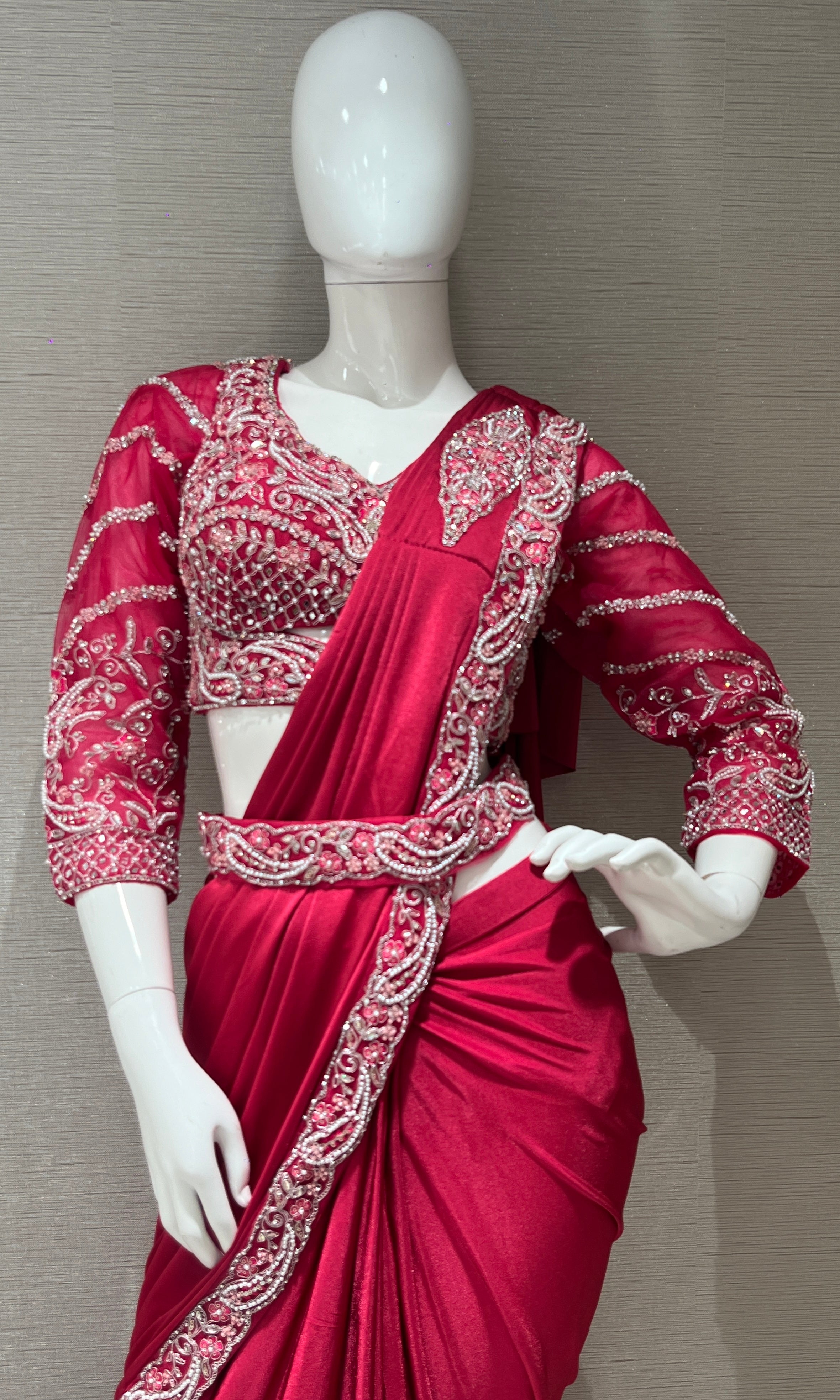 Pink Floral Beads Embroidered drape saree