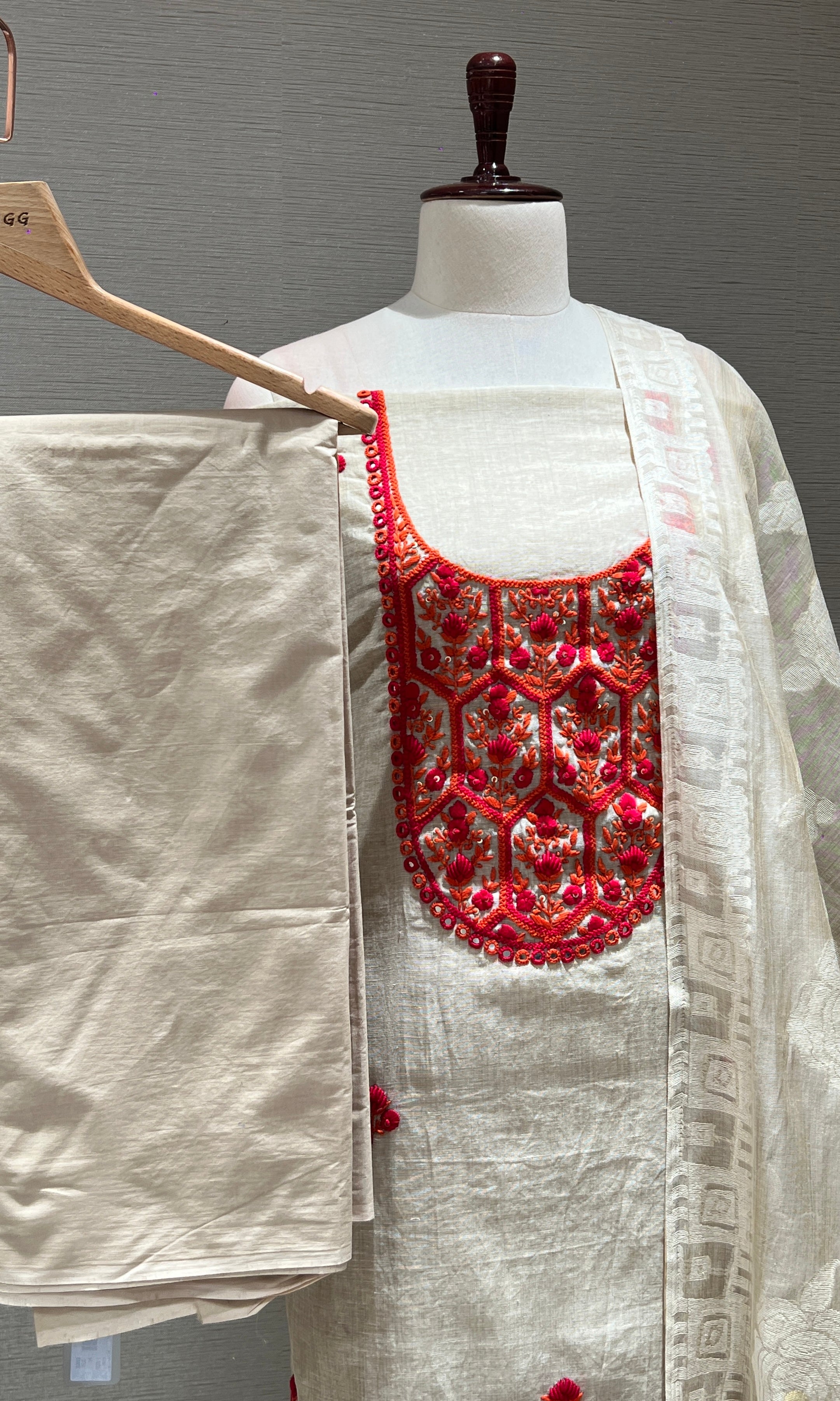 RED FLORAL EMBROIDERED DRESS MATERIAL