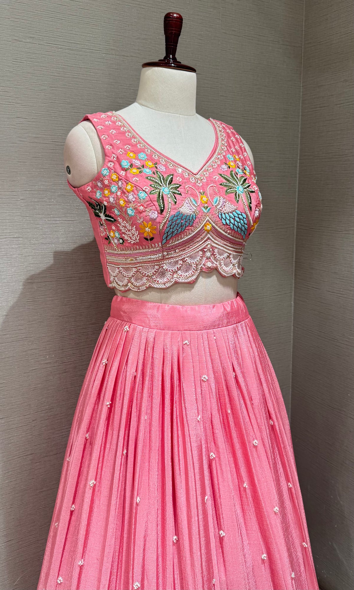 Light Pink Tissue silk Lehenga with Peacock & Floral Embroidery