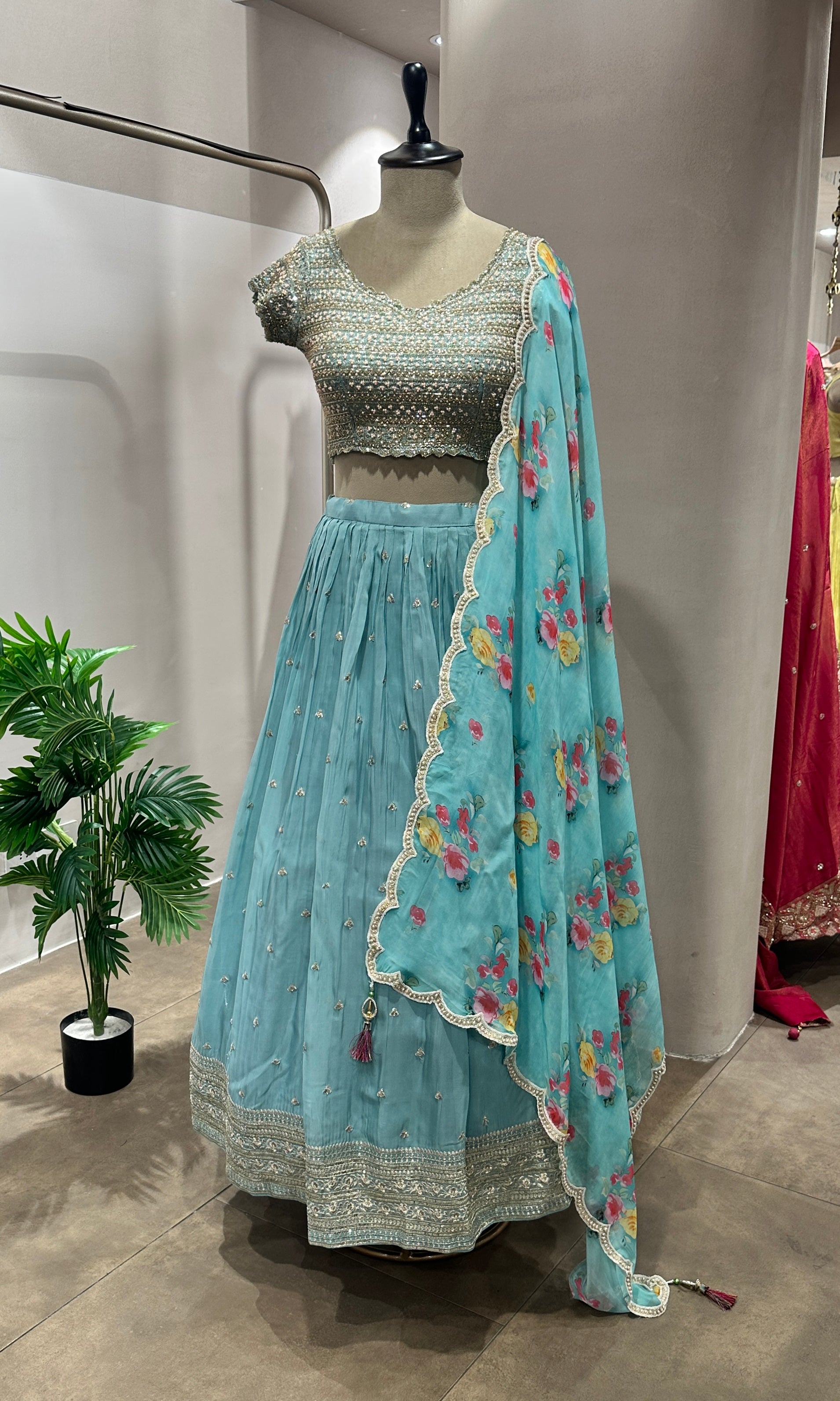 Sea blue EMBROIDERED LEHENGA WITH FLORAL DUPATTA