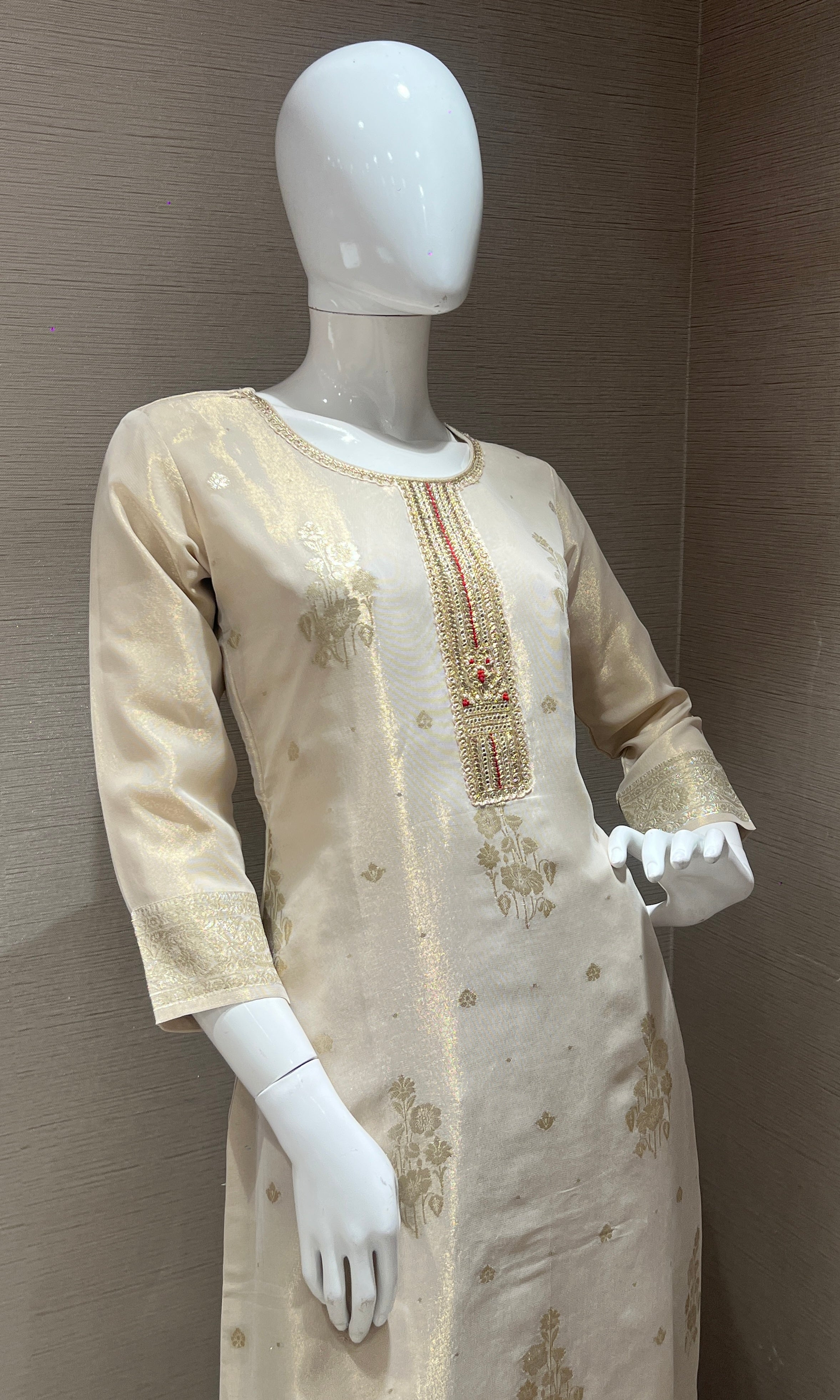 Beige Chanderi Embroidered Kurta Set