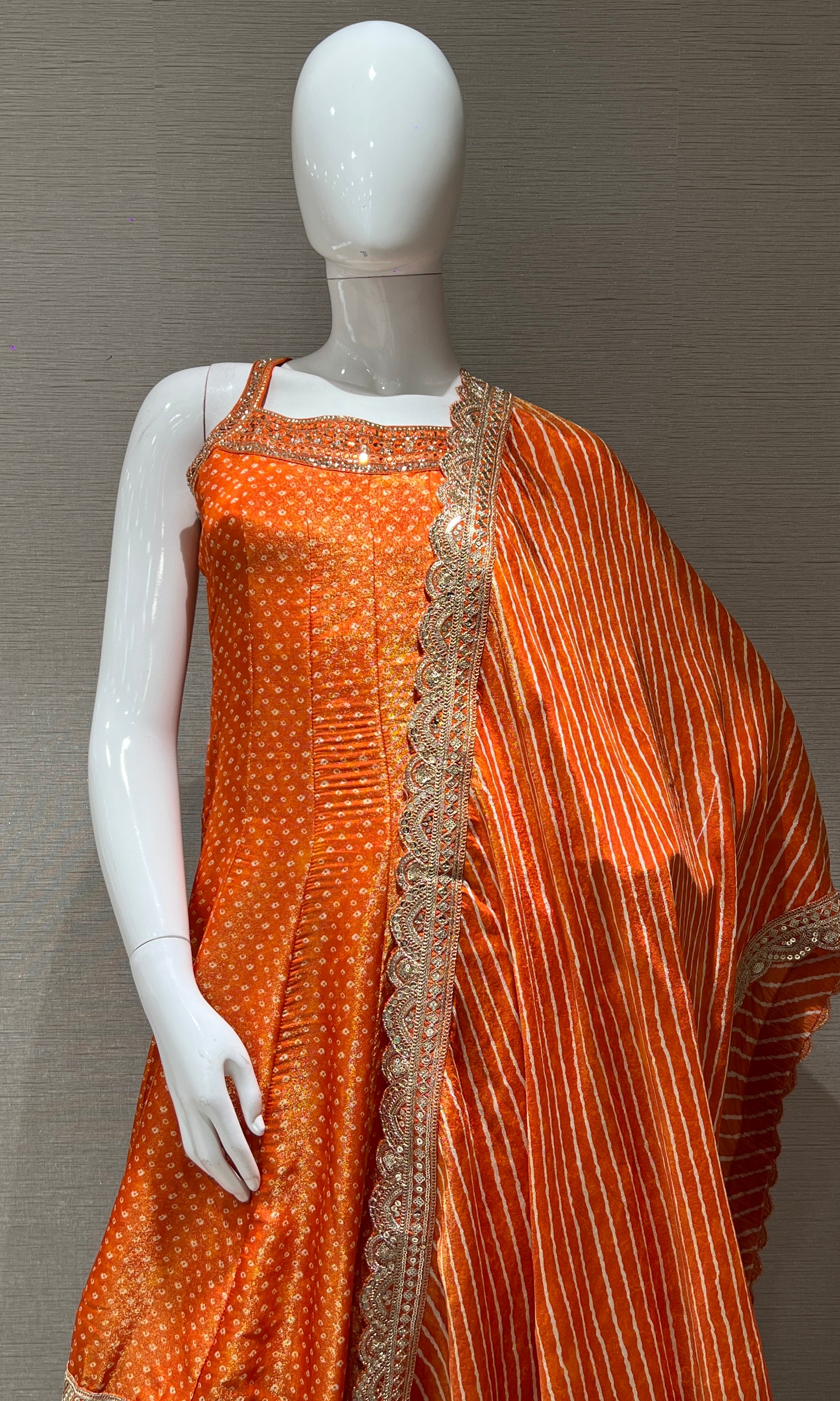 Orange Embroidered Sharara Set with Golden Stripes Dupatta