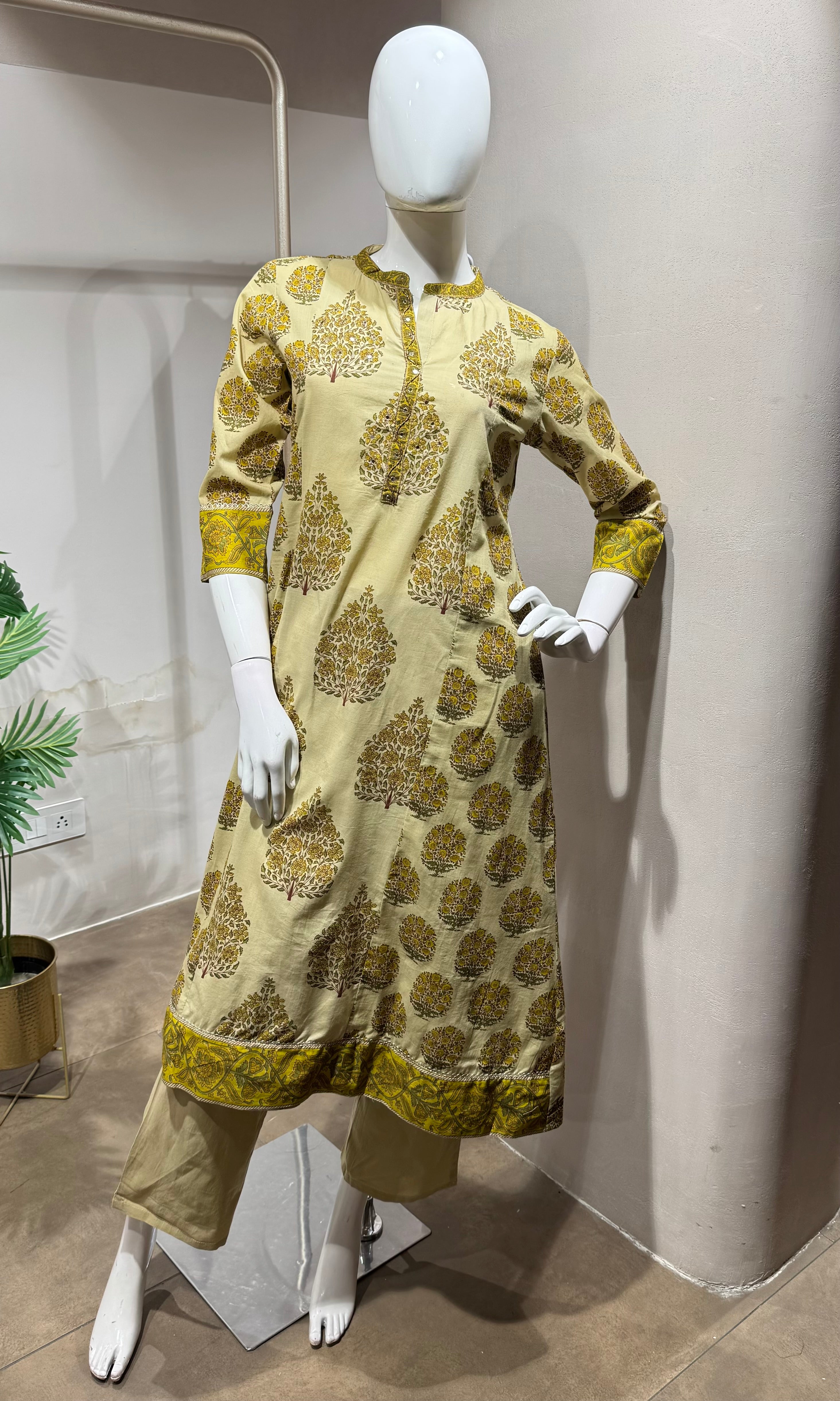 Yellow Floral Print Cotton Kurta Set with Dupatta