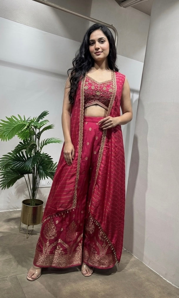 Pink Embroidered Palazzo with Shrug