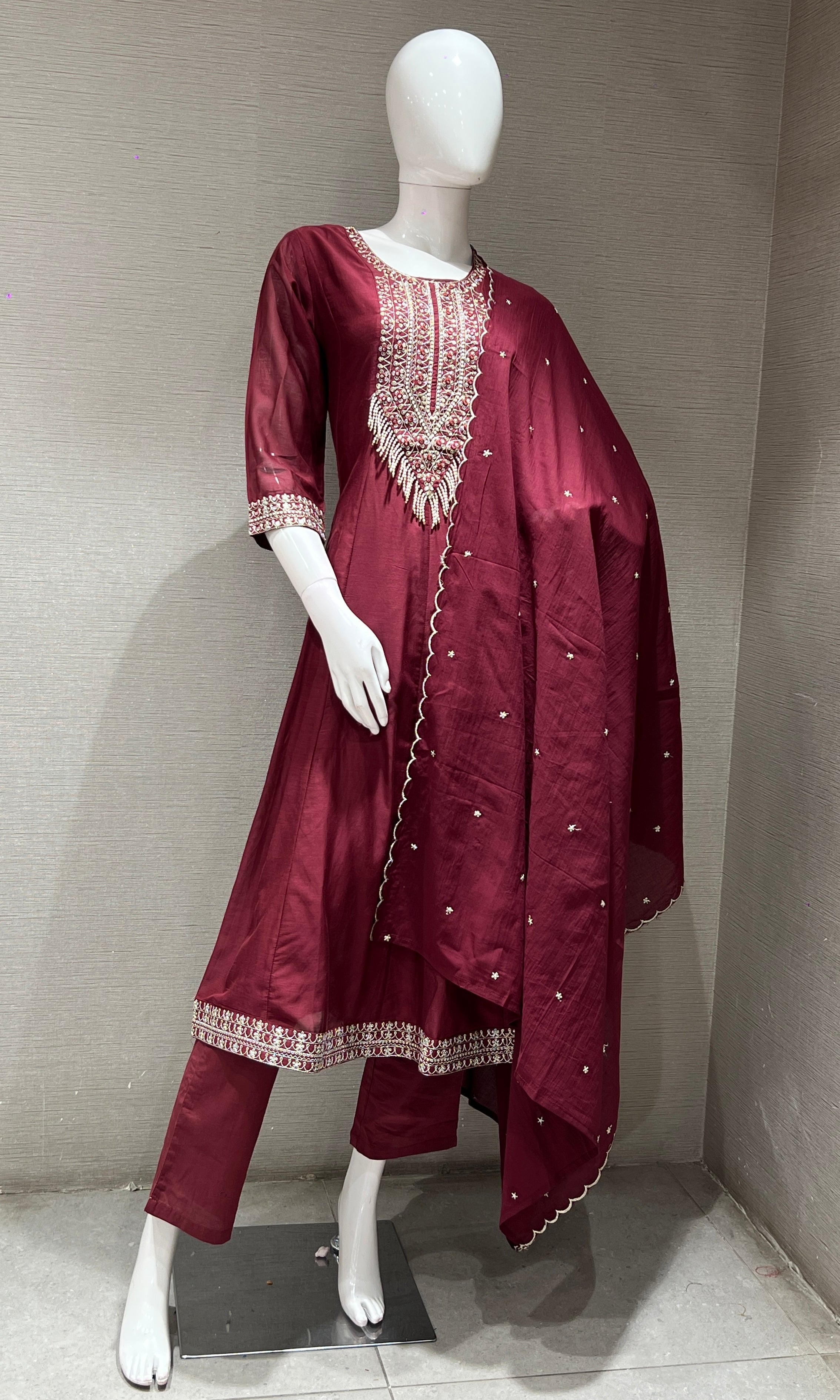 Maroon EMBROIDERED KURTA SET