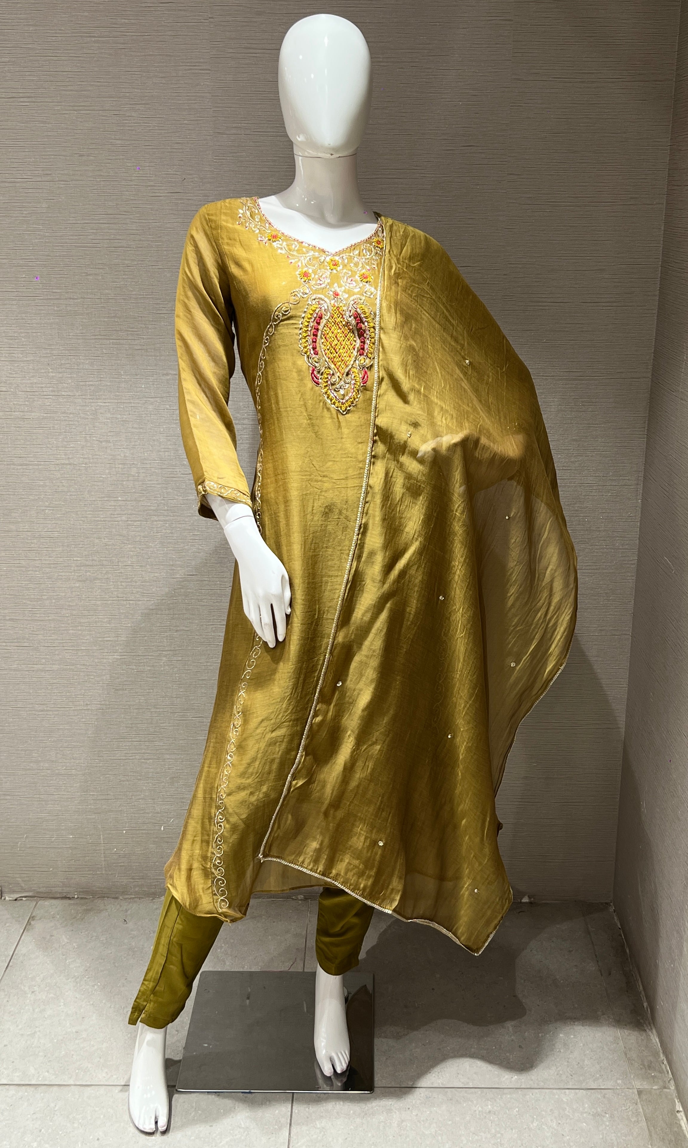 olive green embroidered kurta set