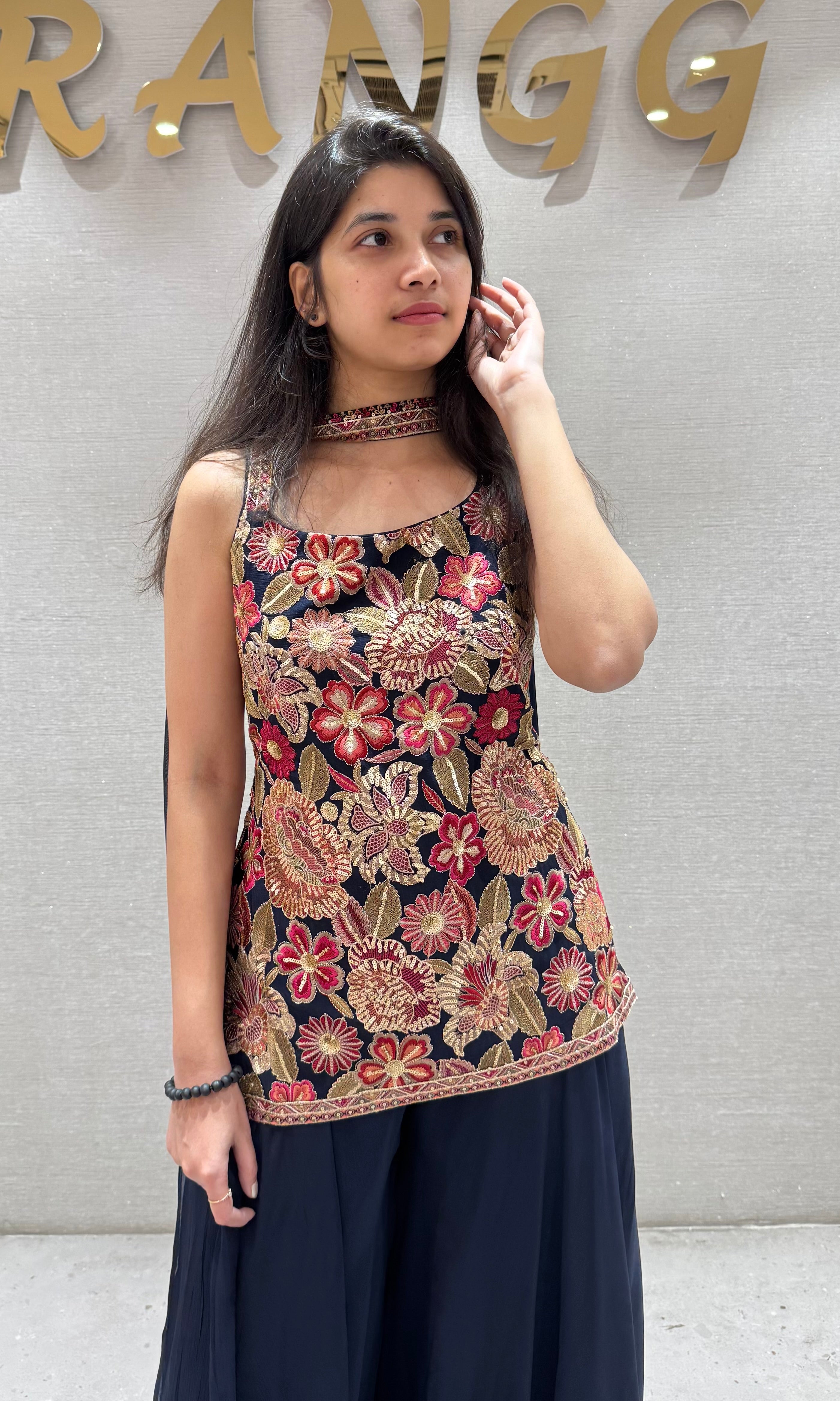 Navy blue FLORAL SHARARA SET