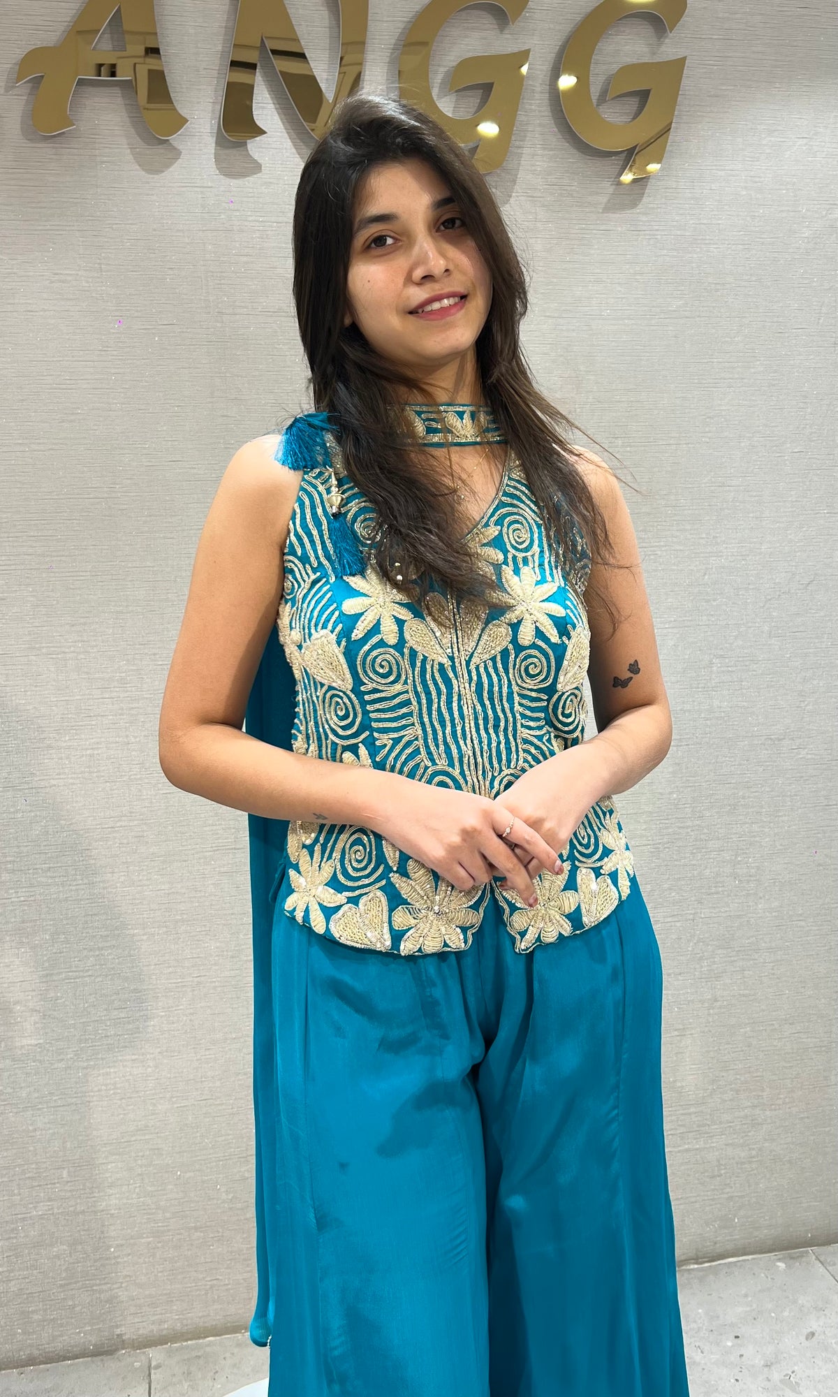 Rama silk gold floral embroidered peplum palazzo set