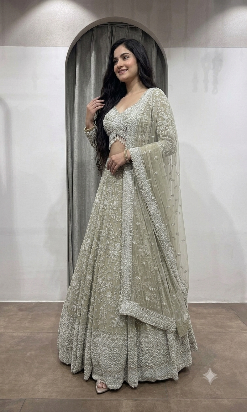 Sage Green Heavily Embroidered Net Bridal Lehenga