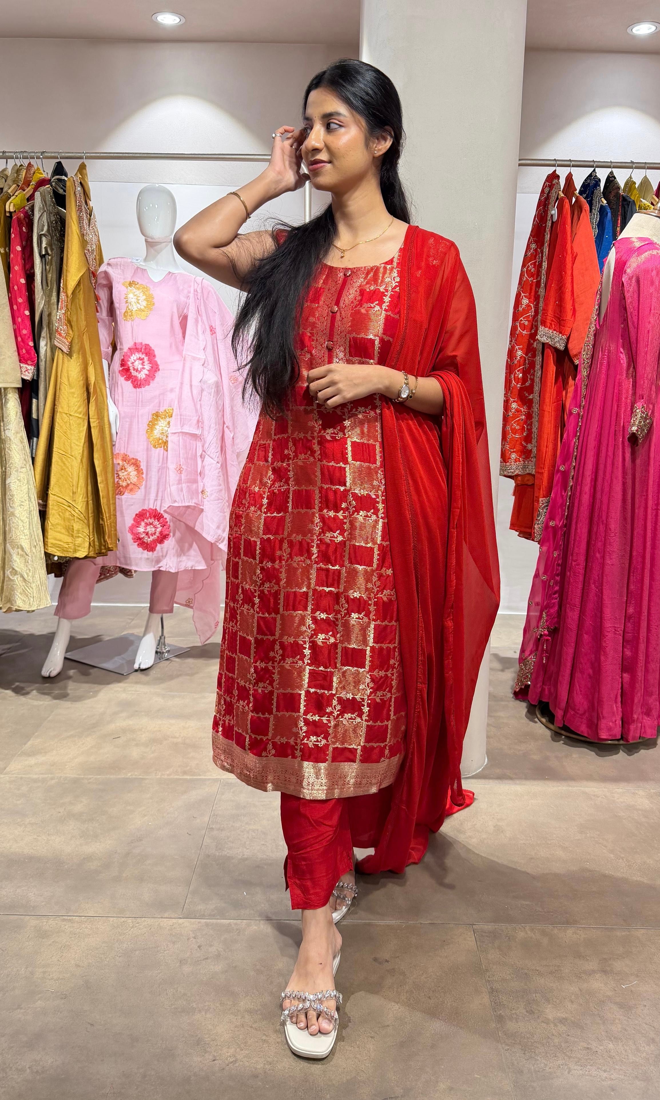 red Silk Embroidered Zari Kurta Set