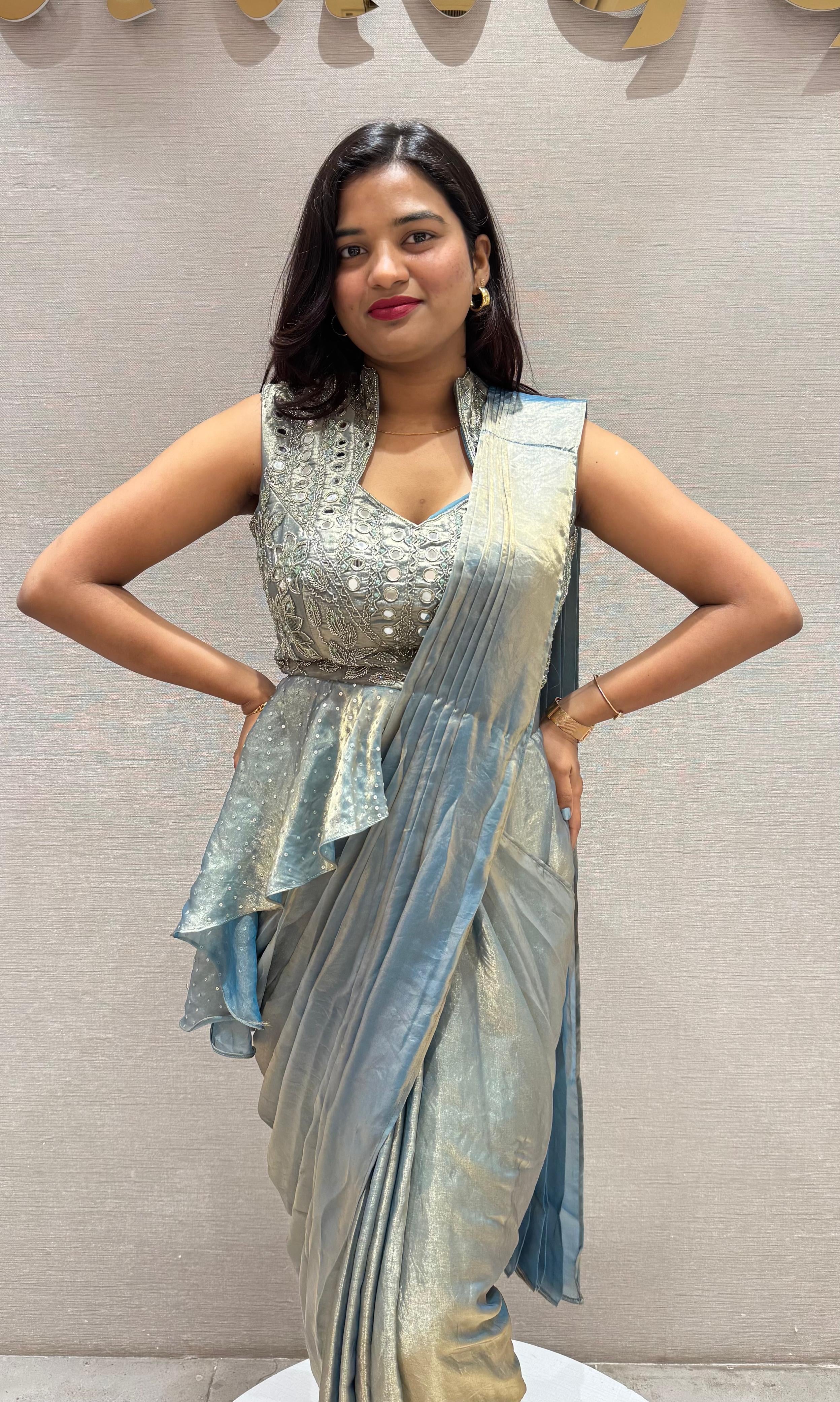 Blue PEPLUM STYLE DRAPE SAREE