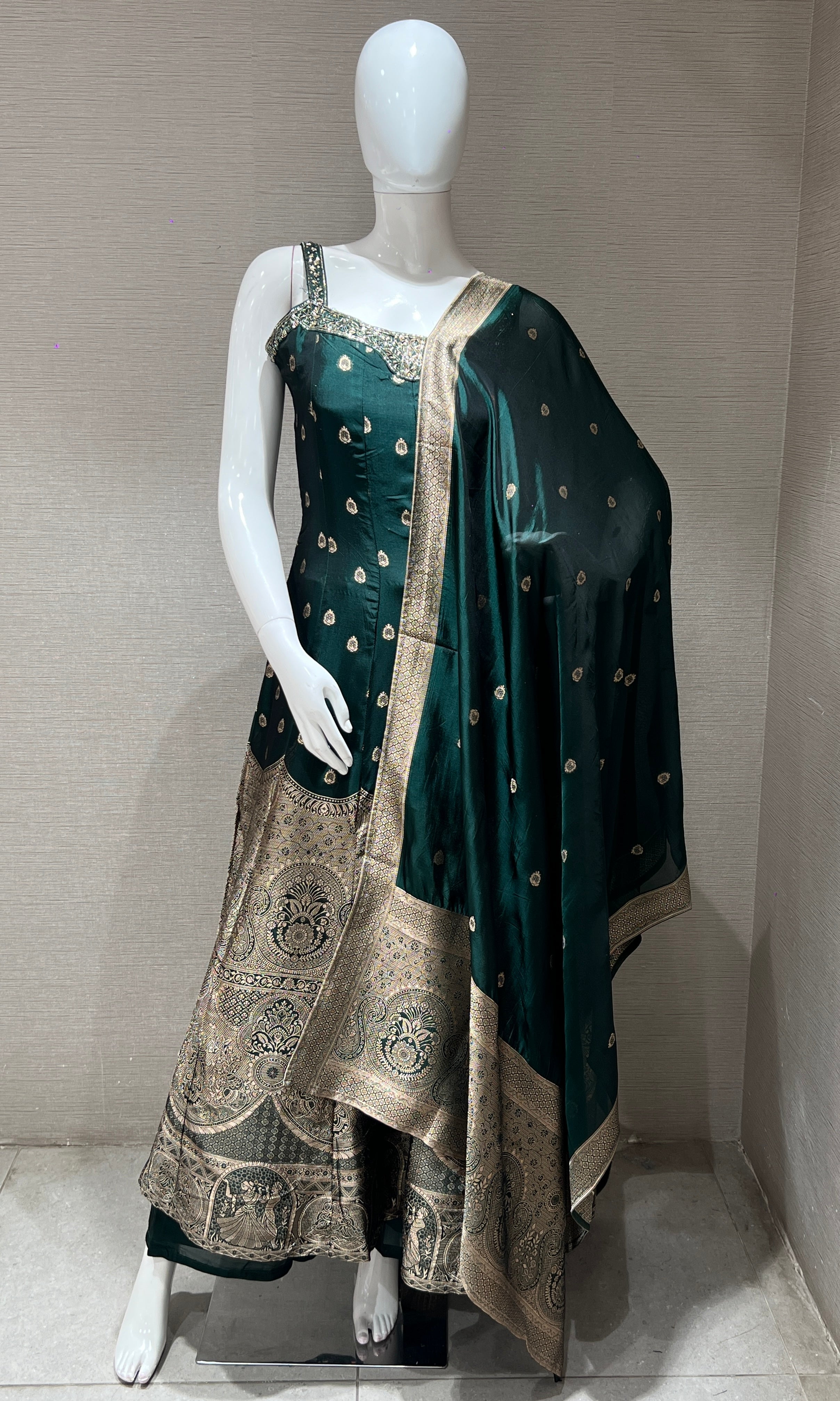 green and gold silk anarkali