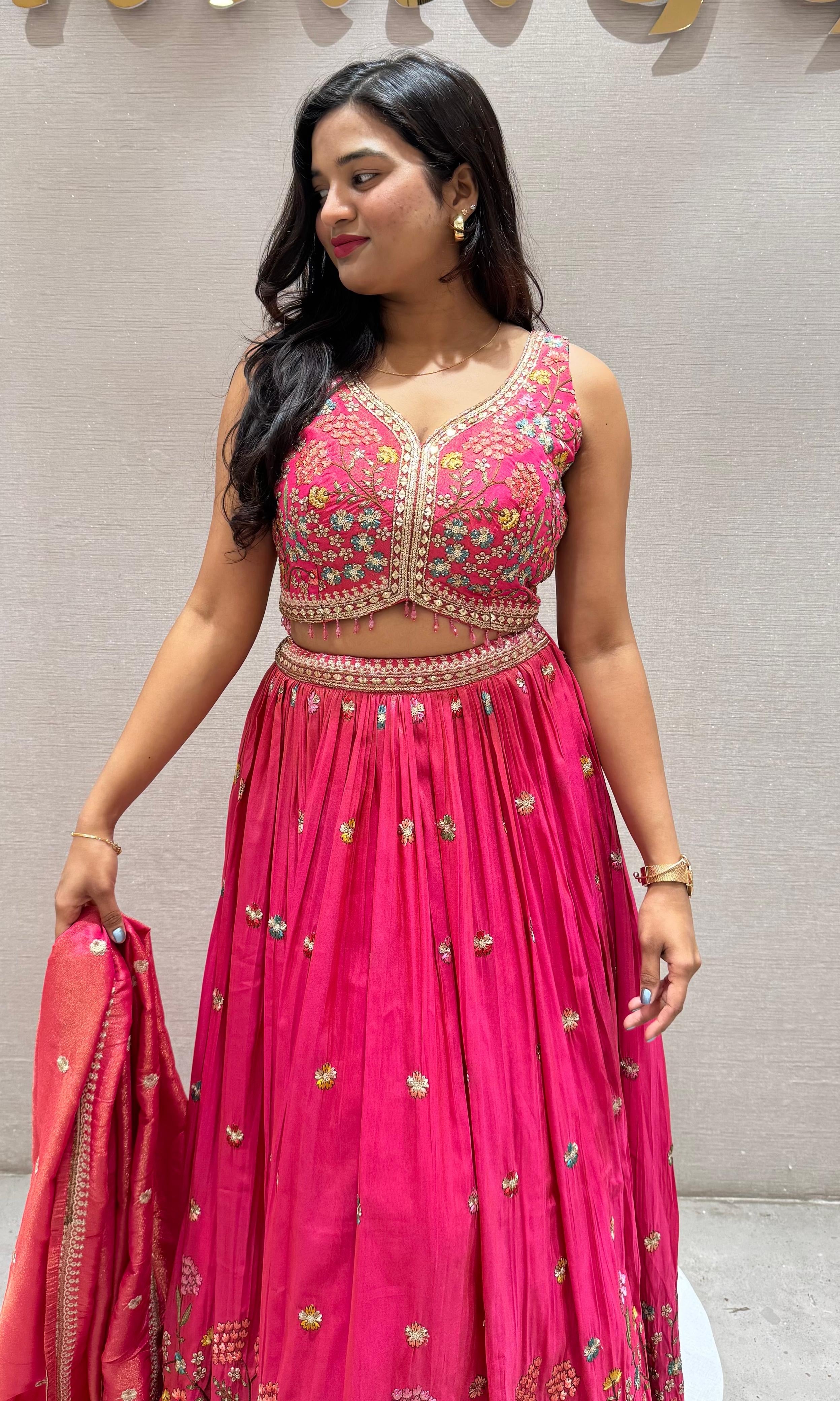 Pink floral embroidered Lehenga