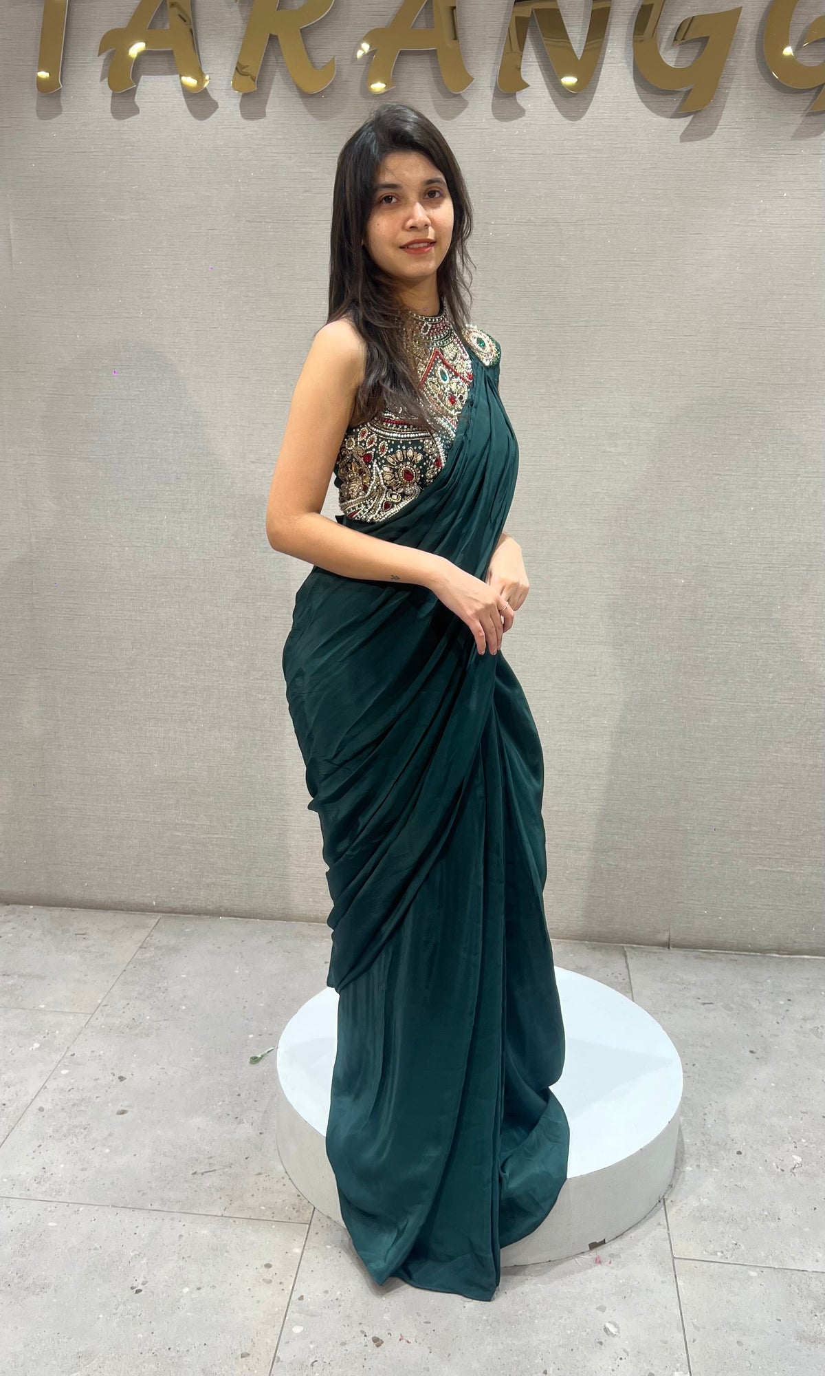 Bottel Green Georgette Saree and Embroidered Blouse