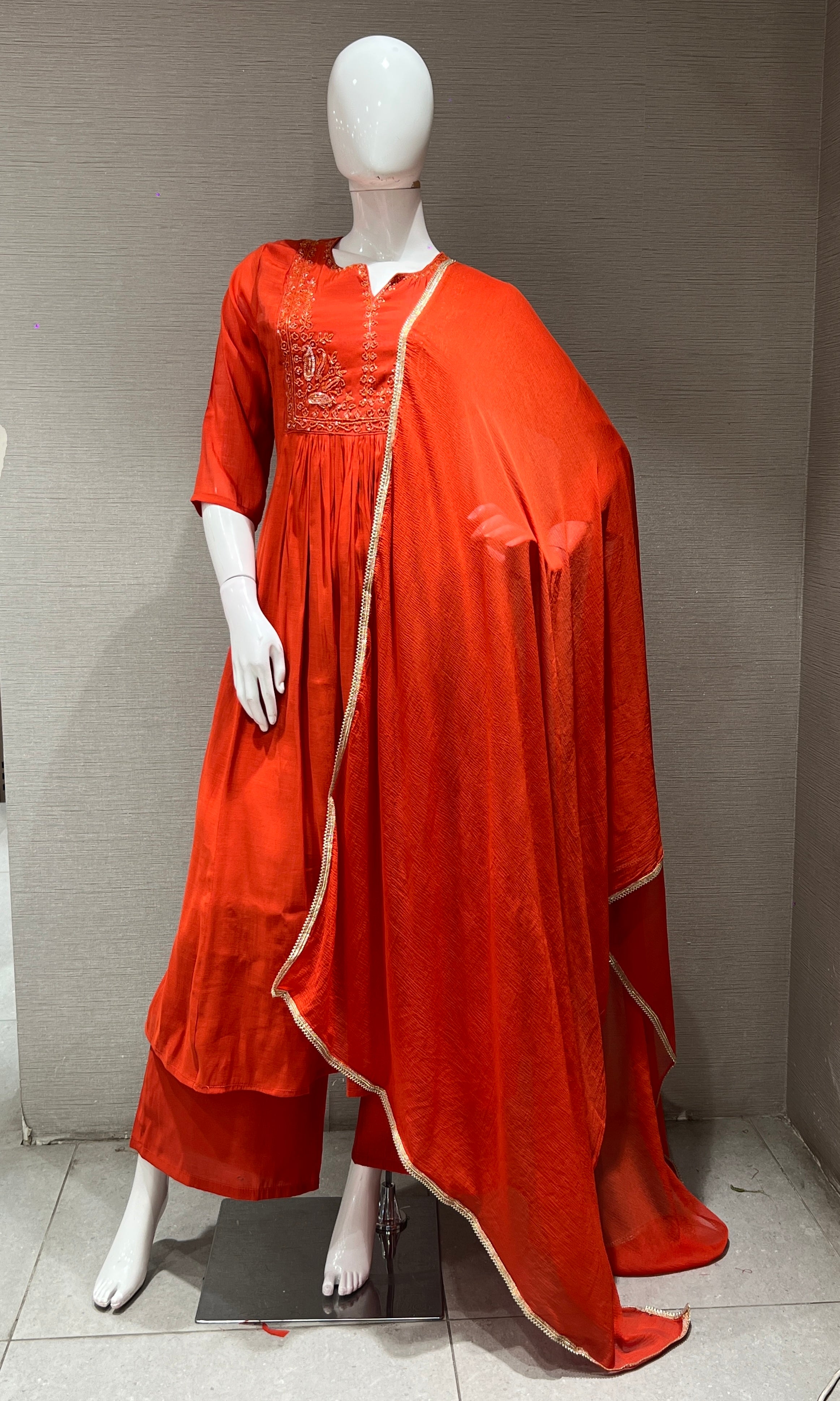 Rust MUL CHANDERI kurta set with palazzo pants