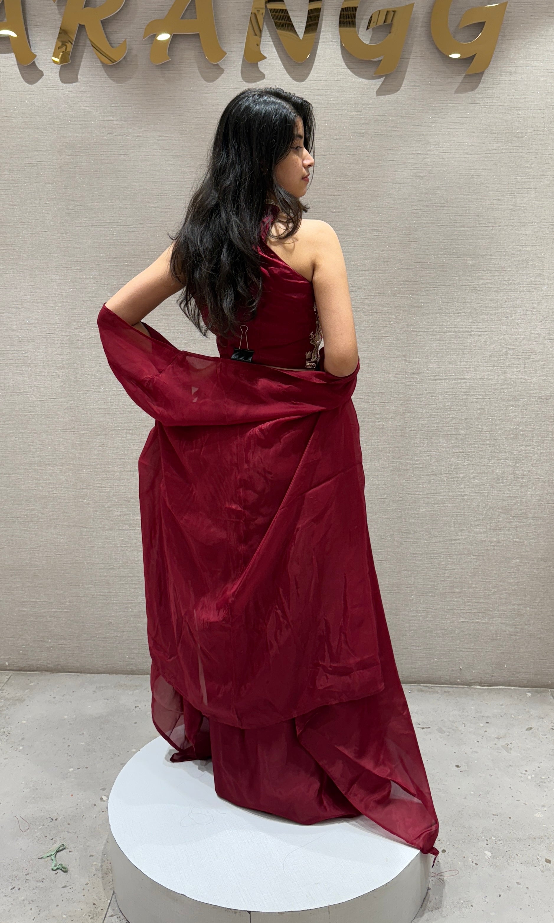Maroon Embellished drape skirt with cape