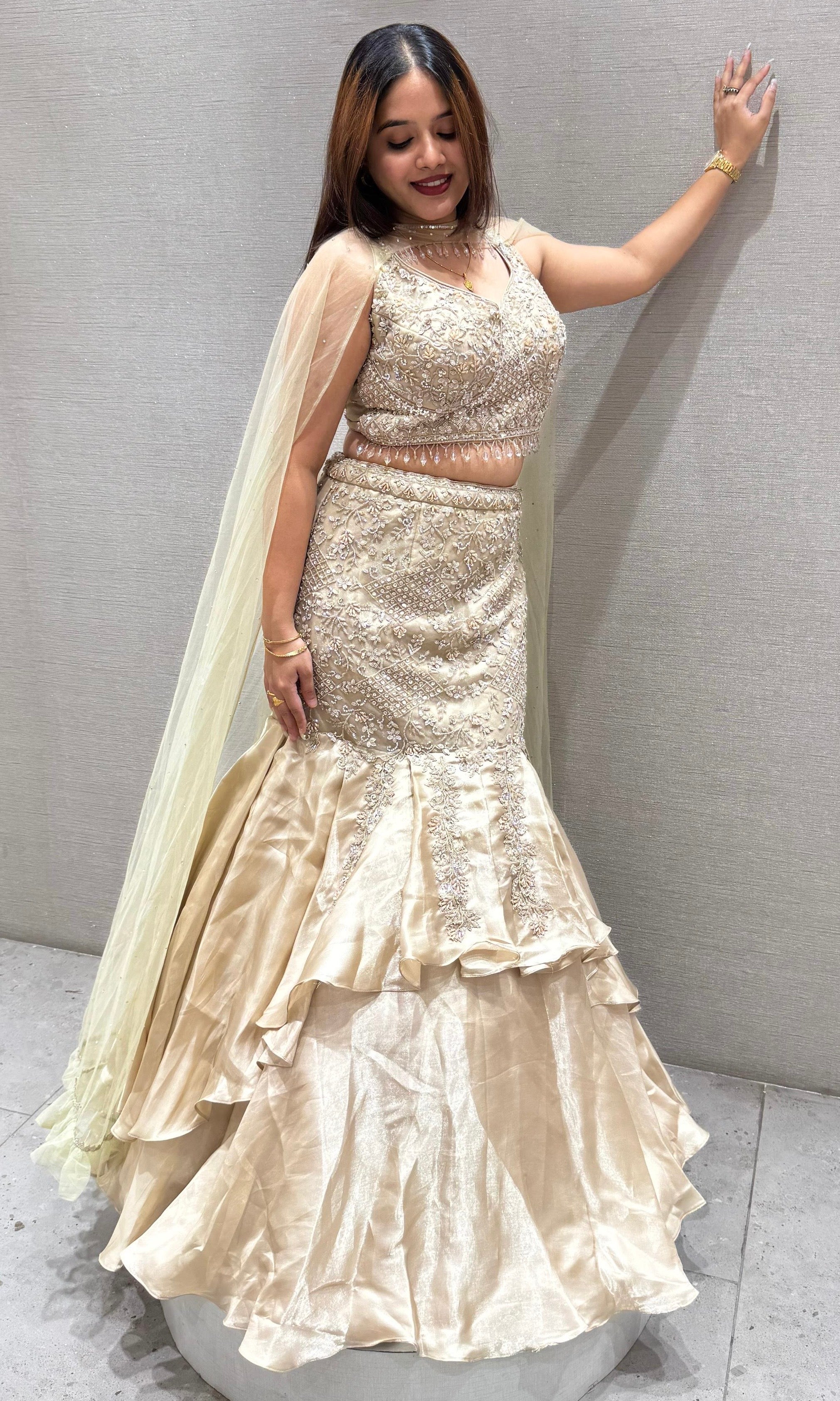 Gold sequin ruffled embroidered lehenga