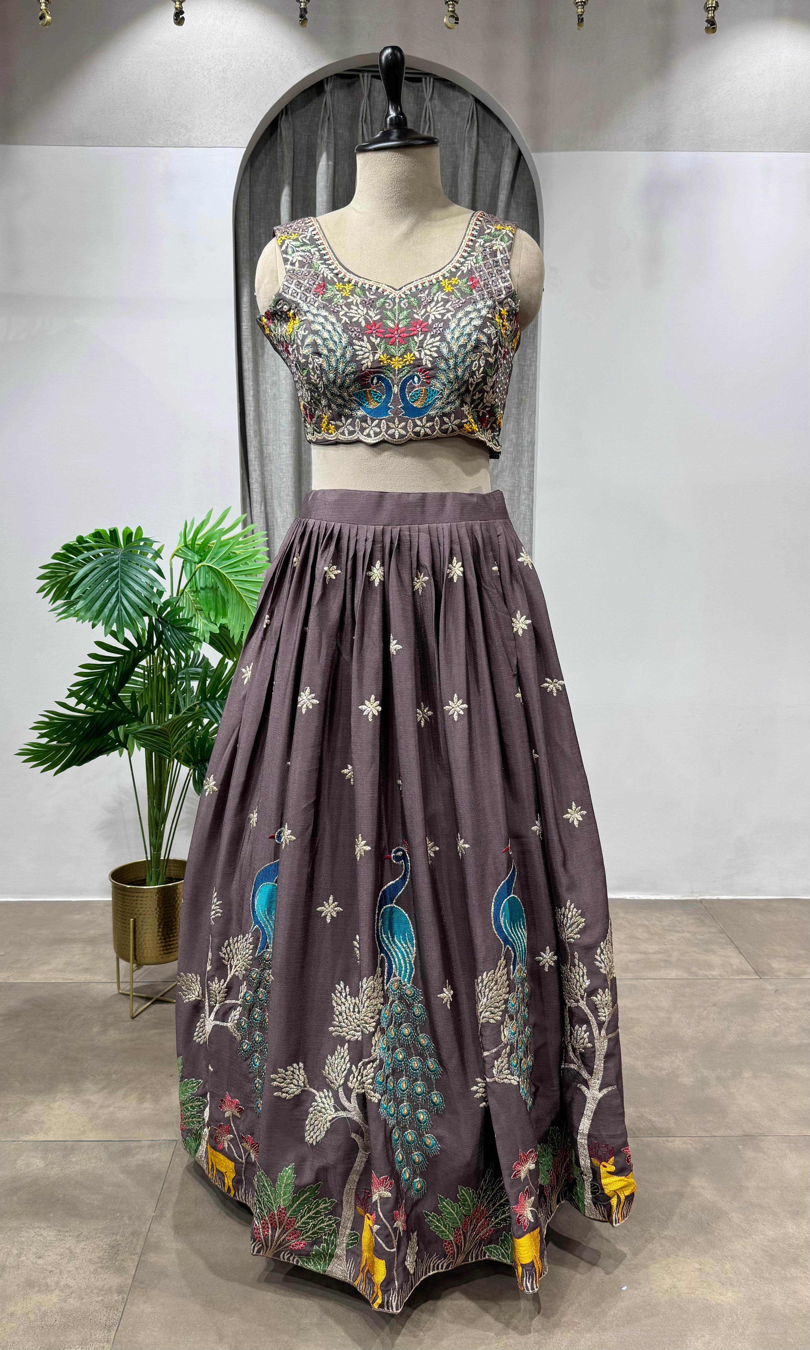 Brown Enchanted Forest Peacock Lehenga