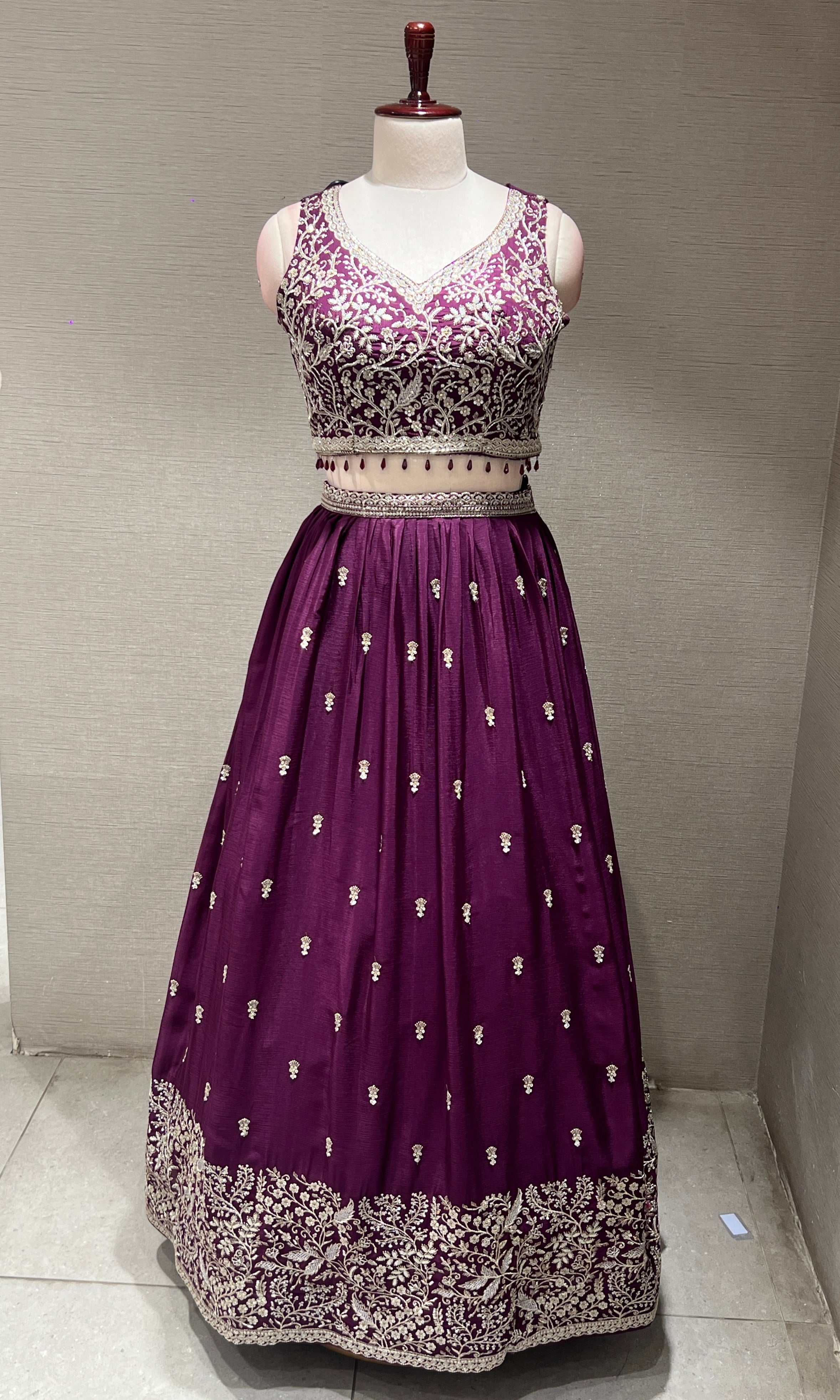 Wine Floral intricate Embroidery Lehenga