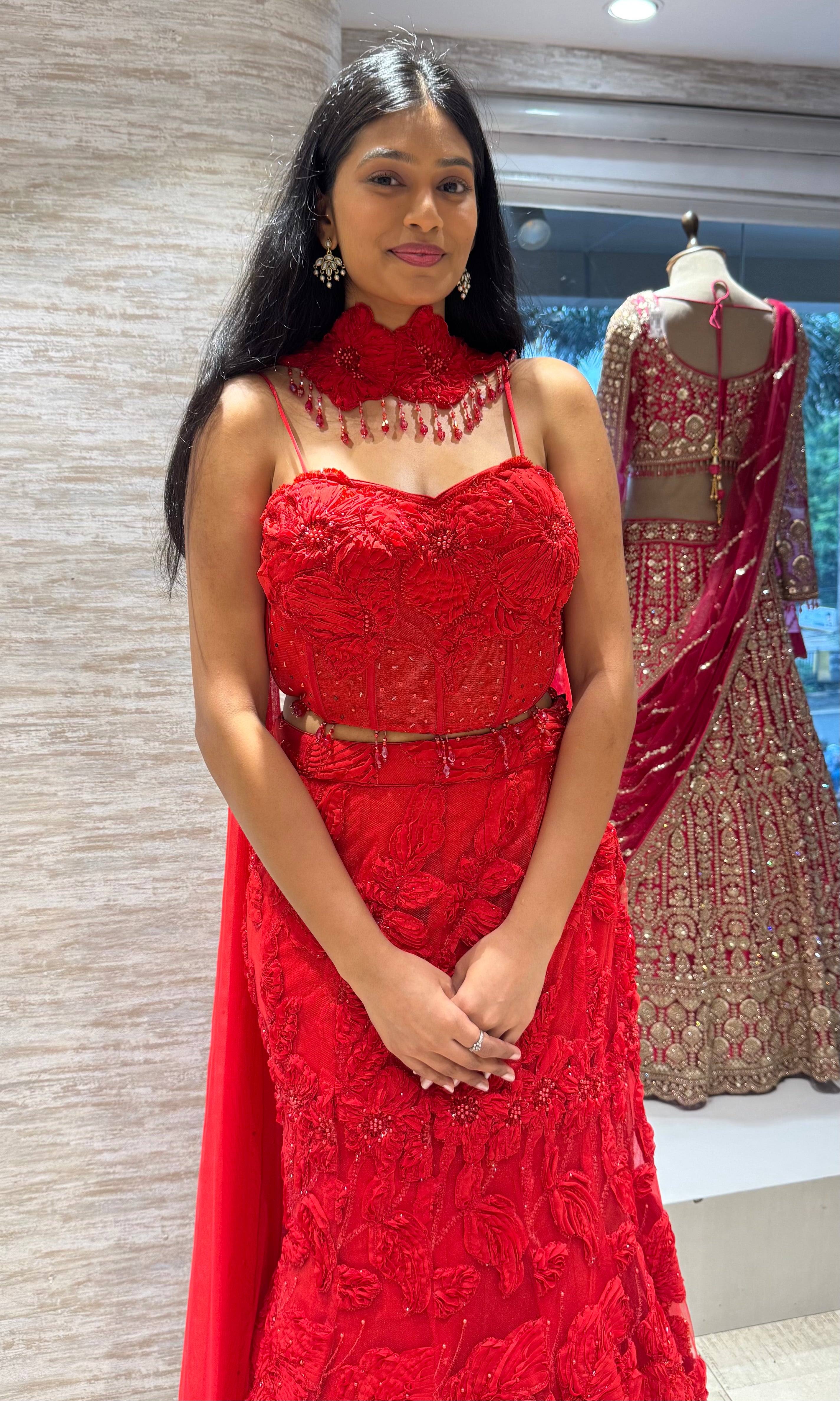 Crimson Red Floral Fish Lehenga set
