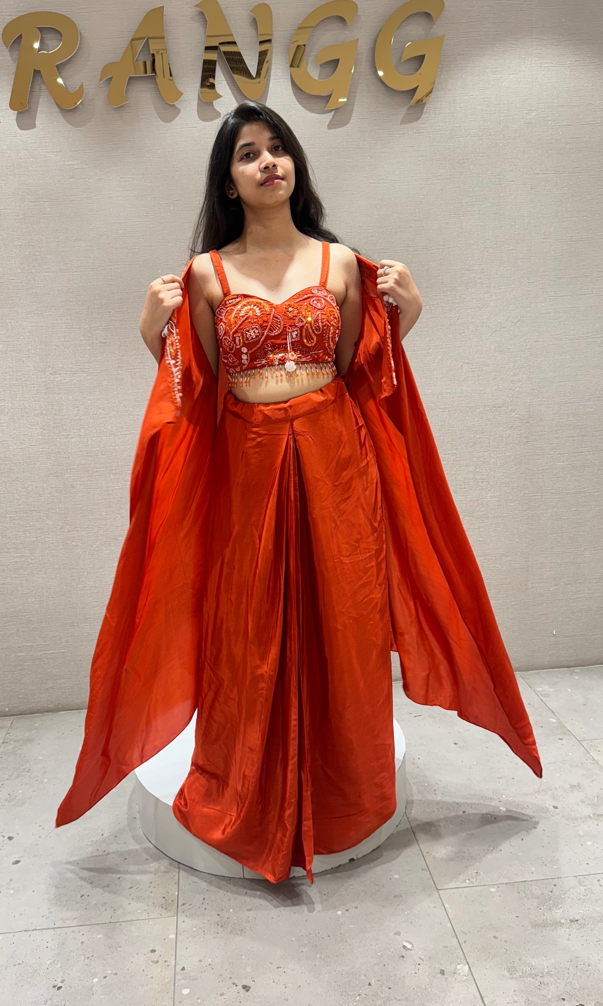 ORANGE SKIRT WITH CORSET BLOUSE AND CAPE