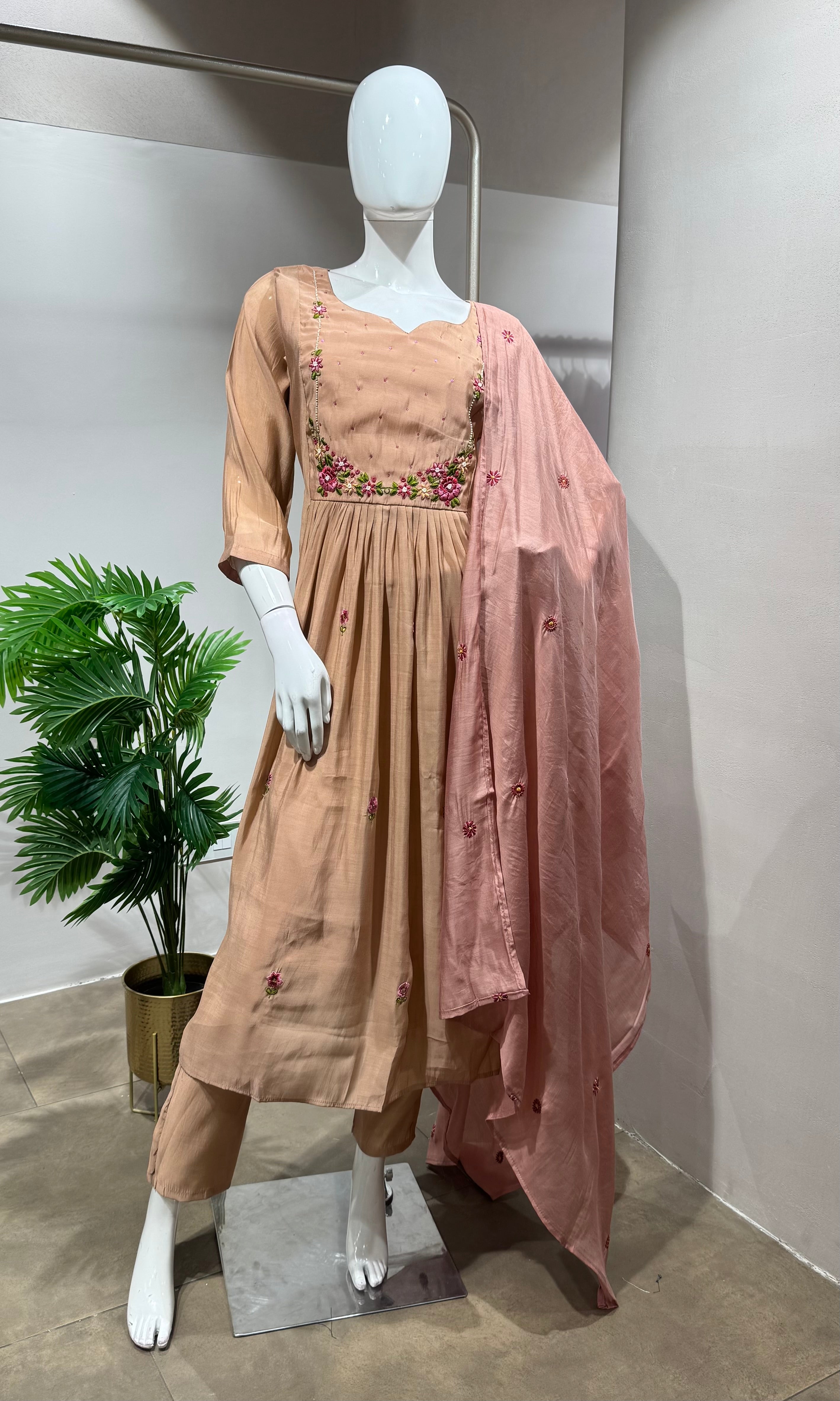 Peach Embroidered Mul Chanderi kurta set