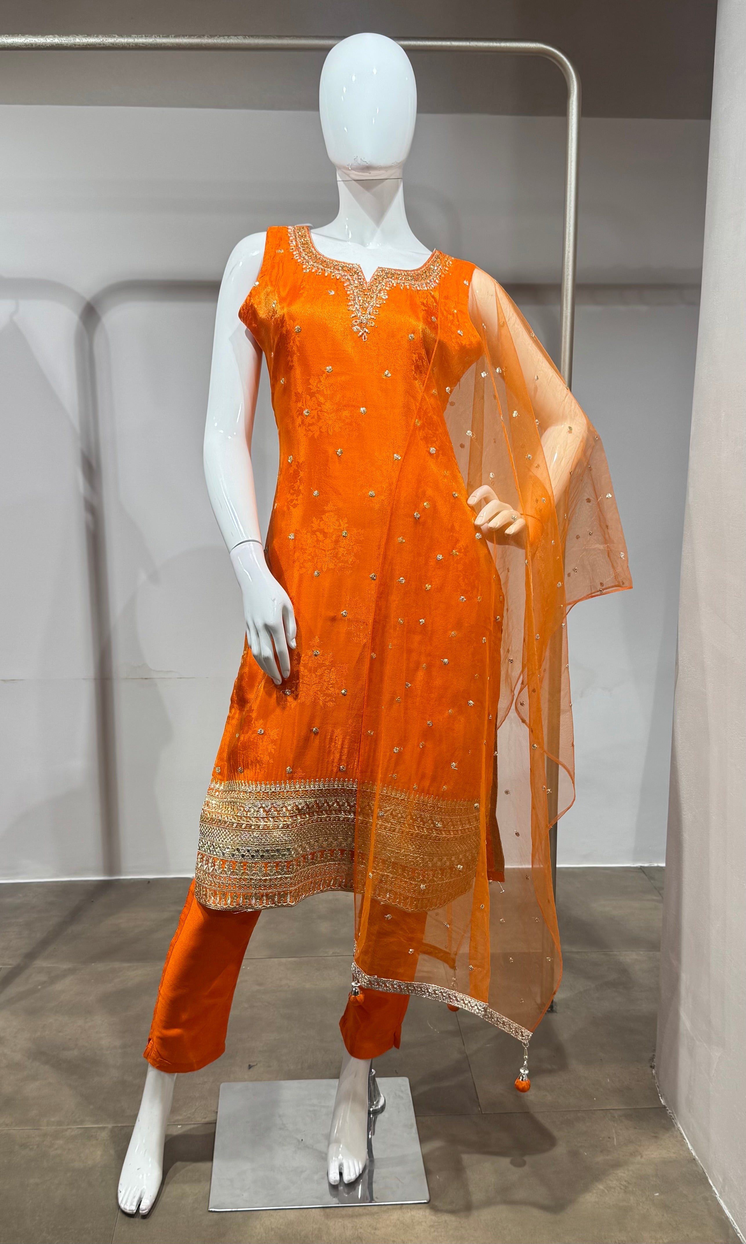 orange intricate gold embroidery Kurta set