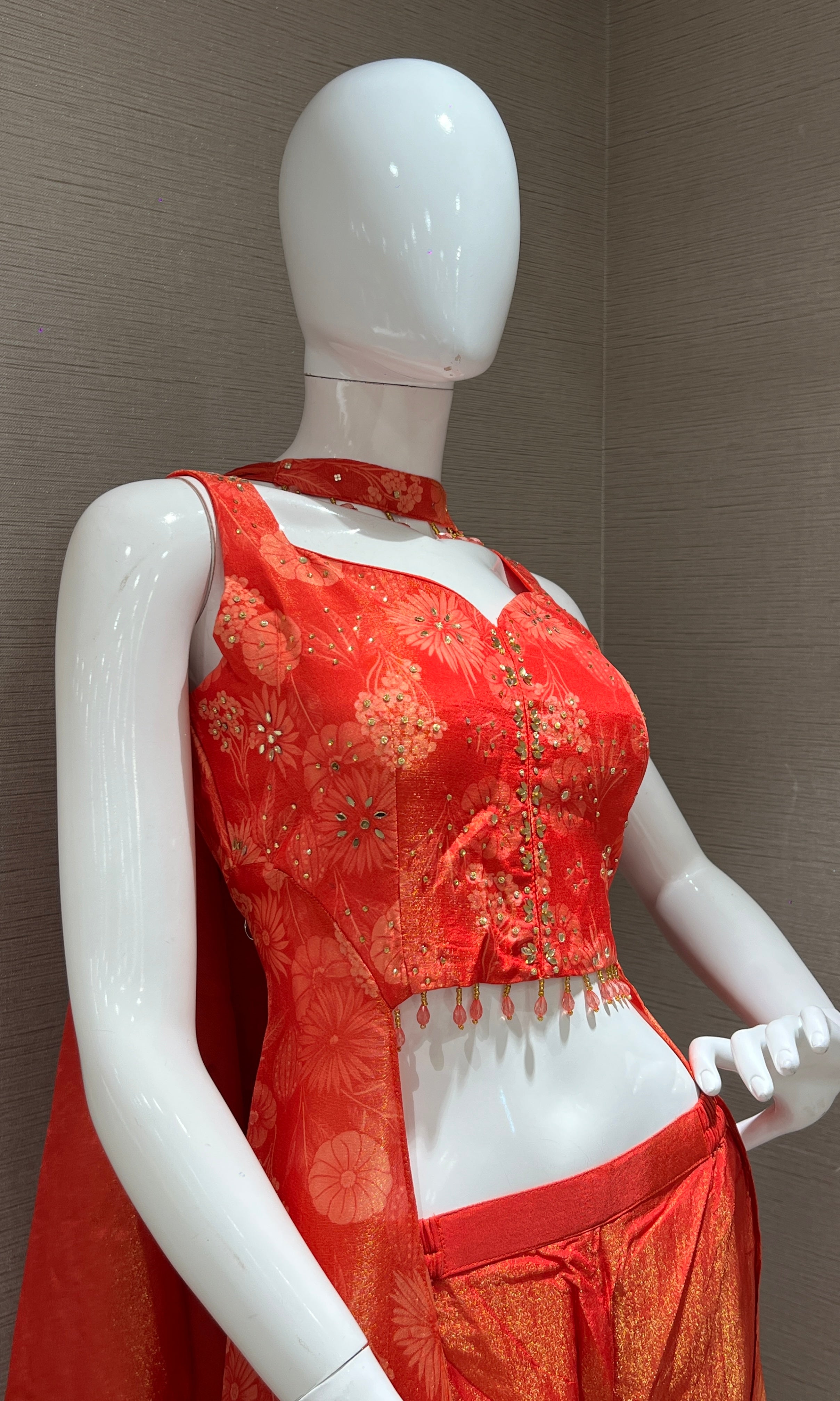 Orange floral print tissue indo western set