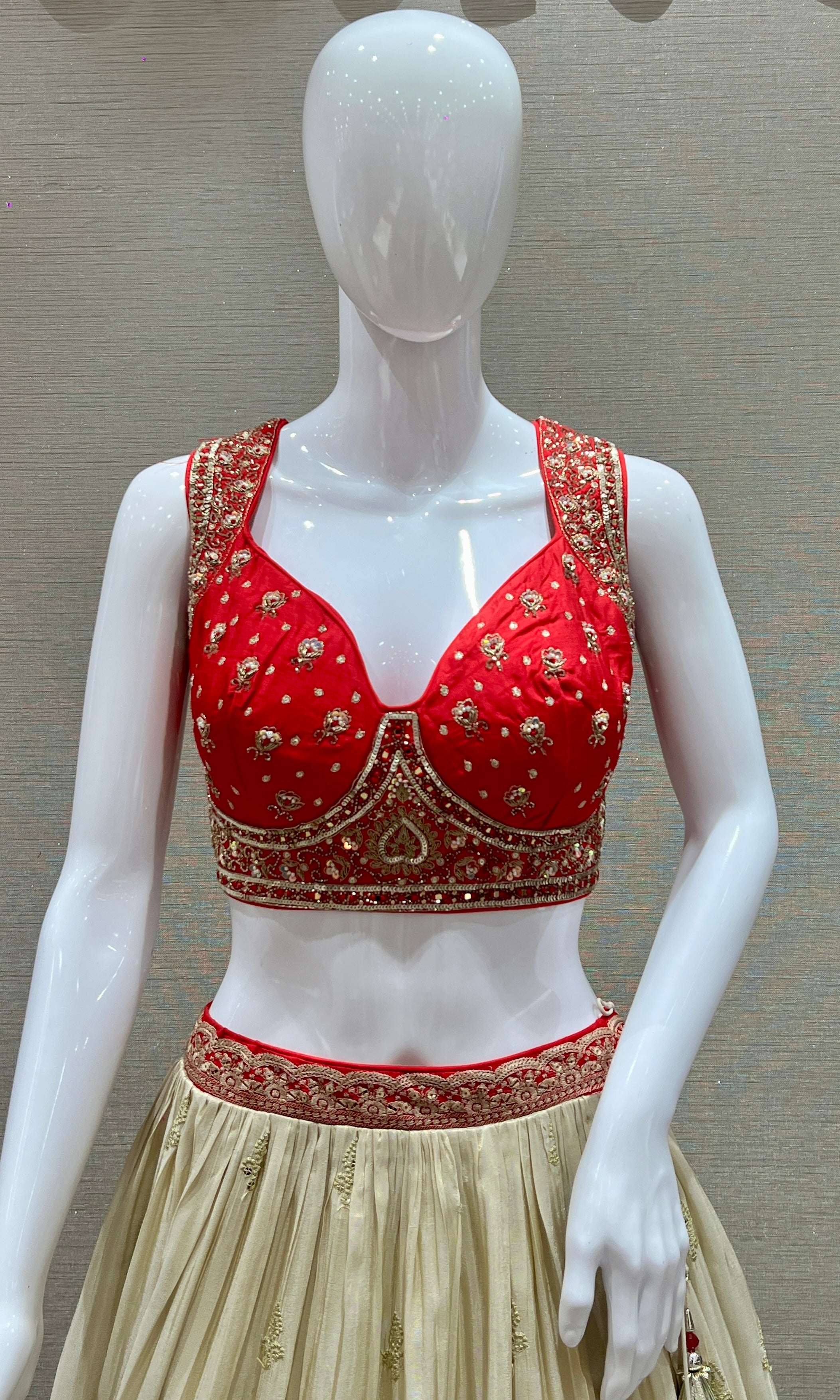 RED AND CREAM EMBROIDERED LEHENGA