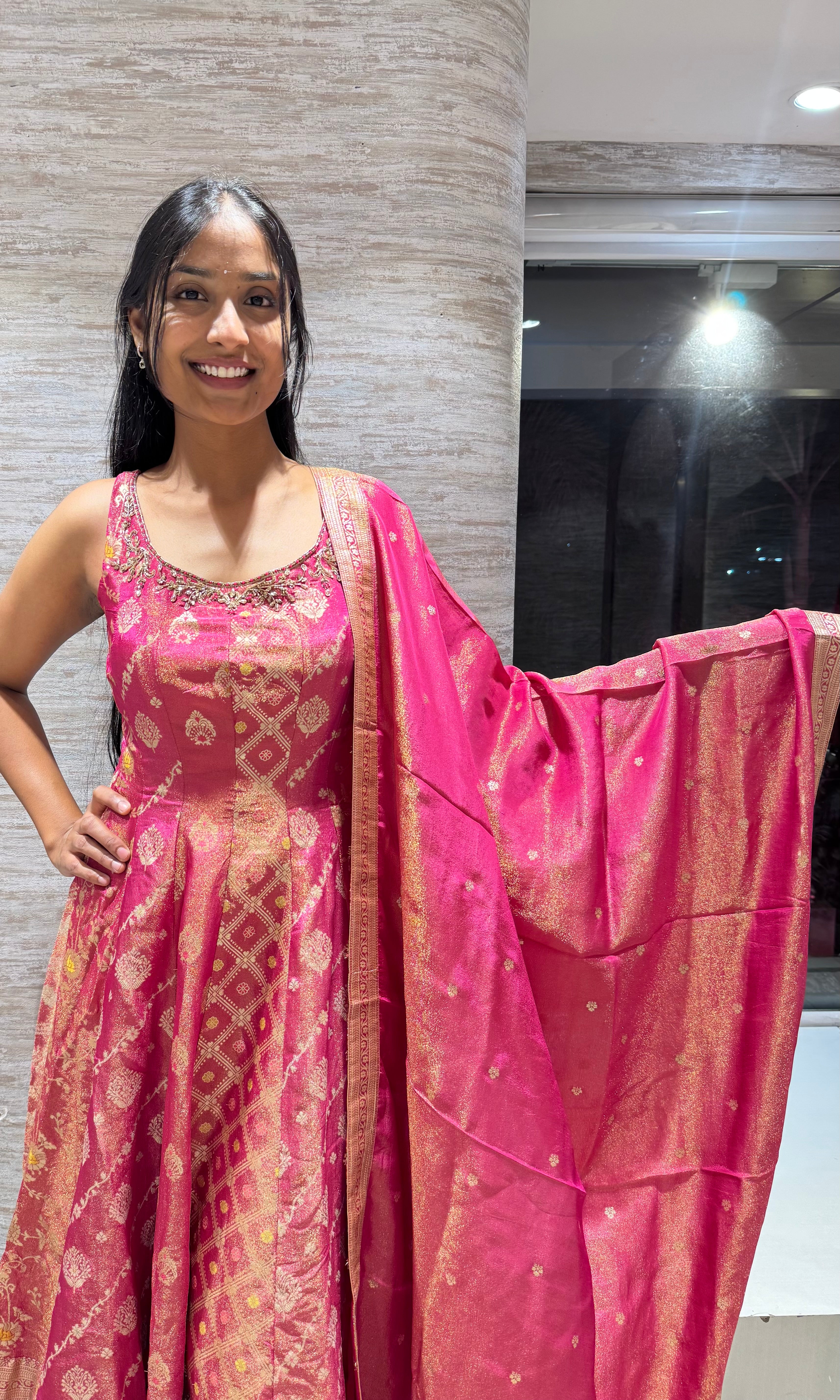 pink banarasi anarkali sharara set