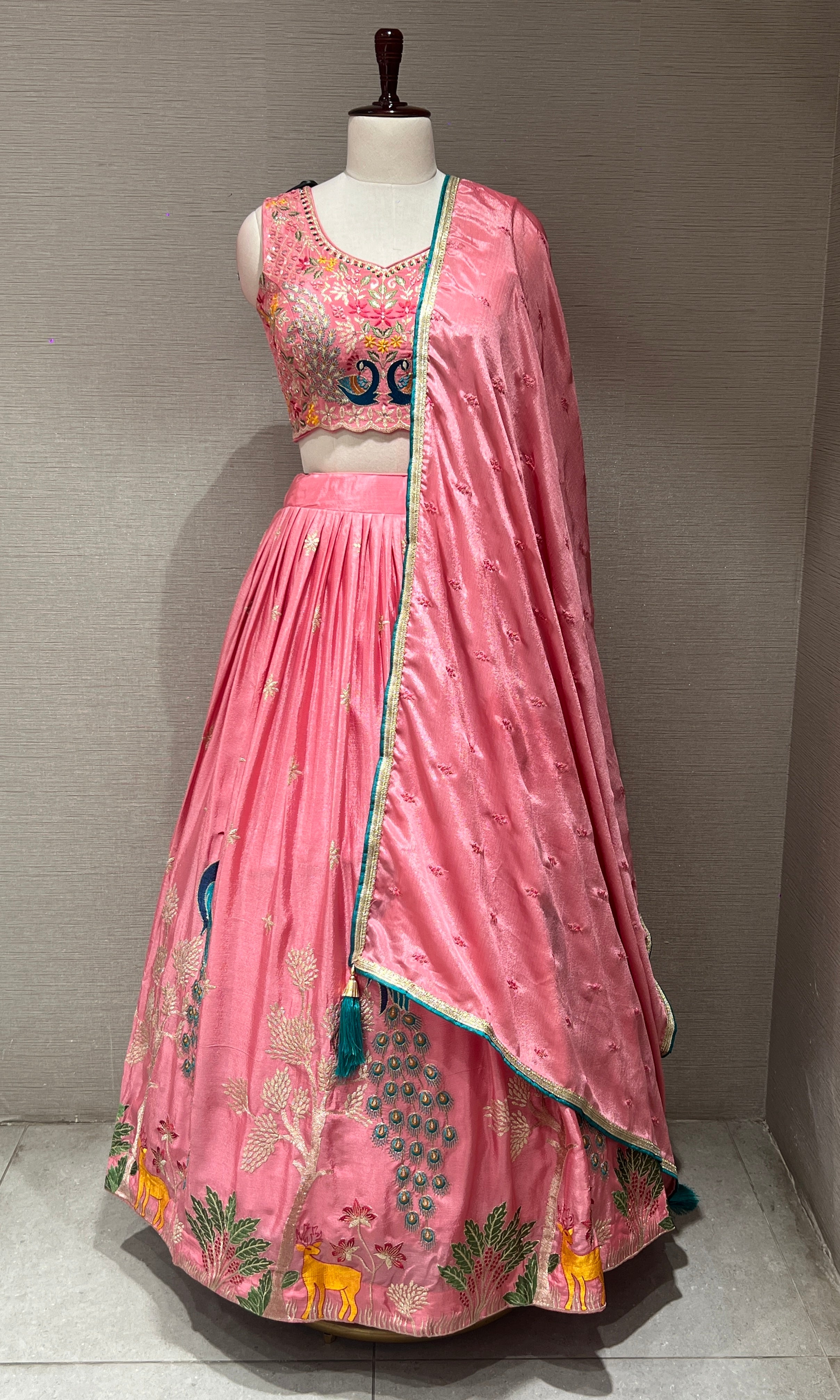 rose pink lehenga with peacock design