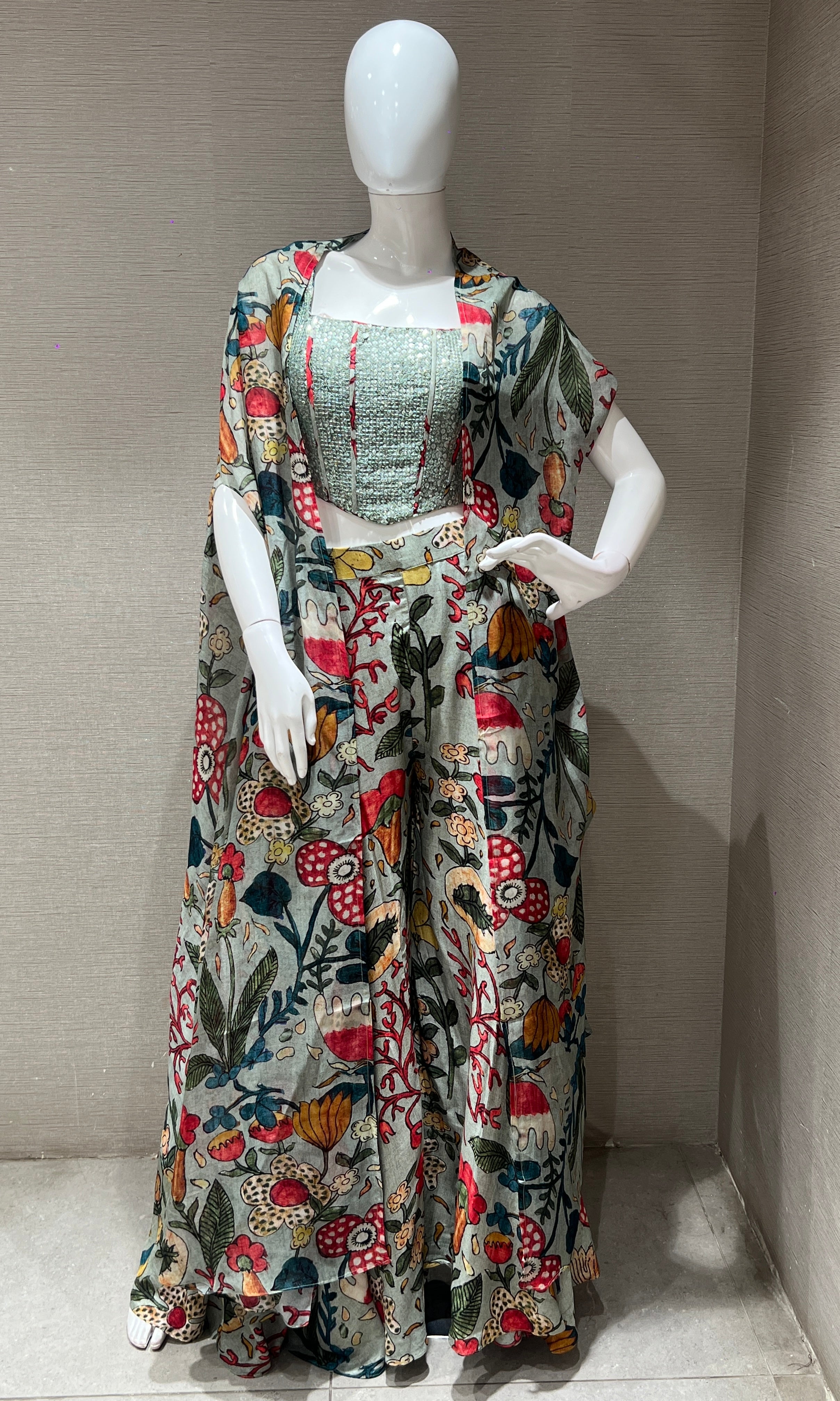 Green floral print palazzo with cape