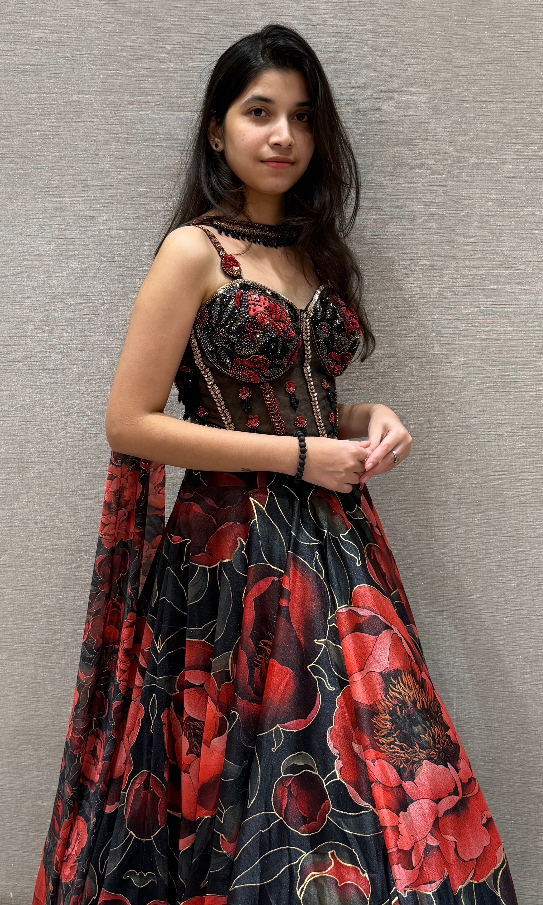 Black Red Floral Printed Lehenga Set