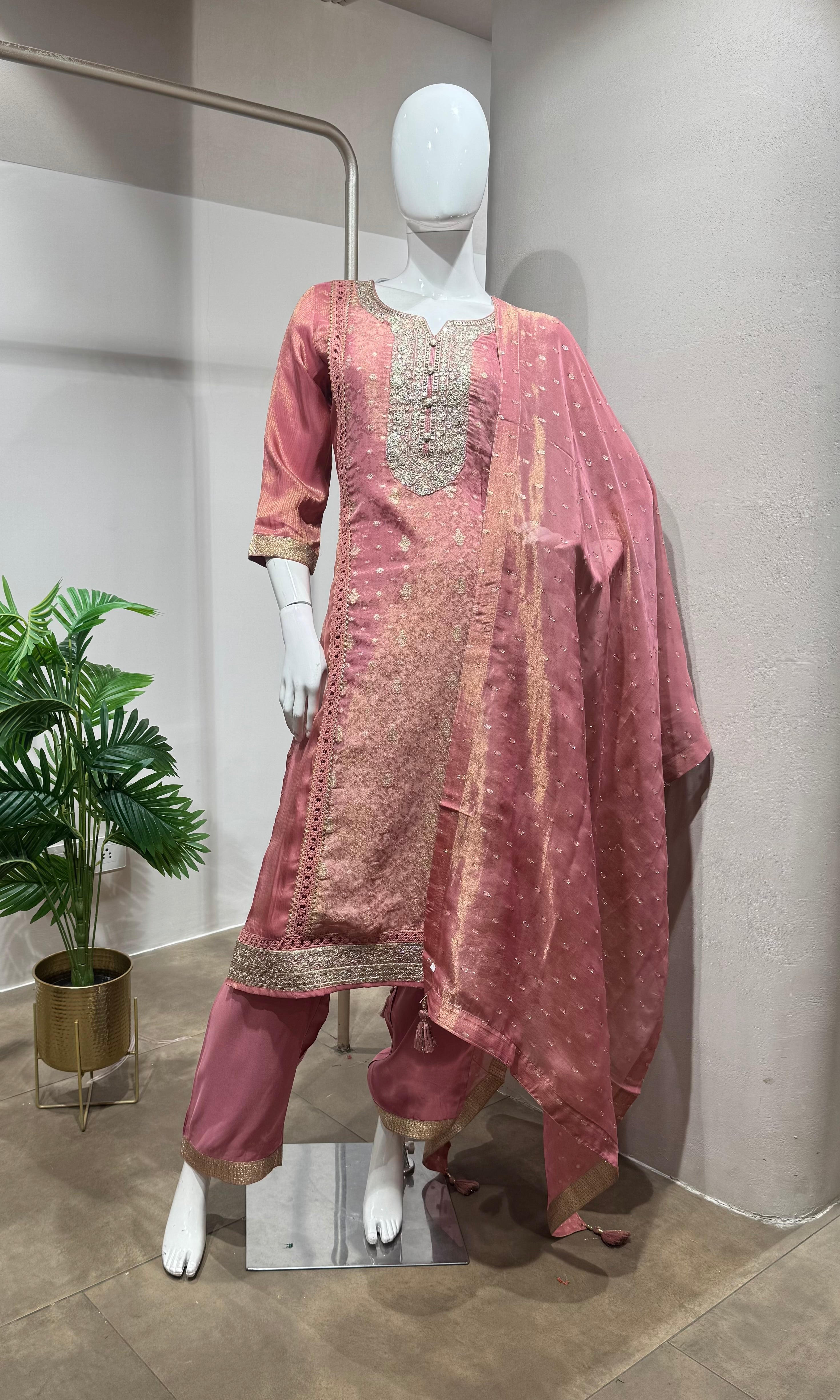 onion Pink Embroidered kurta set