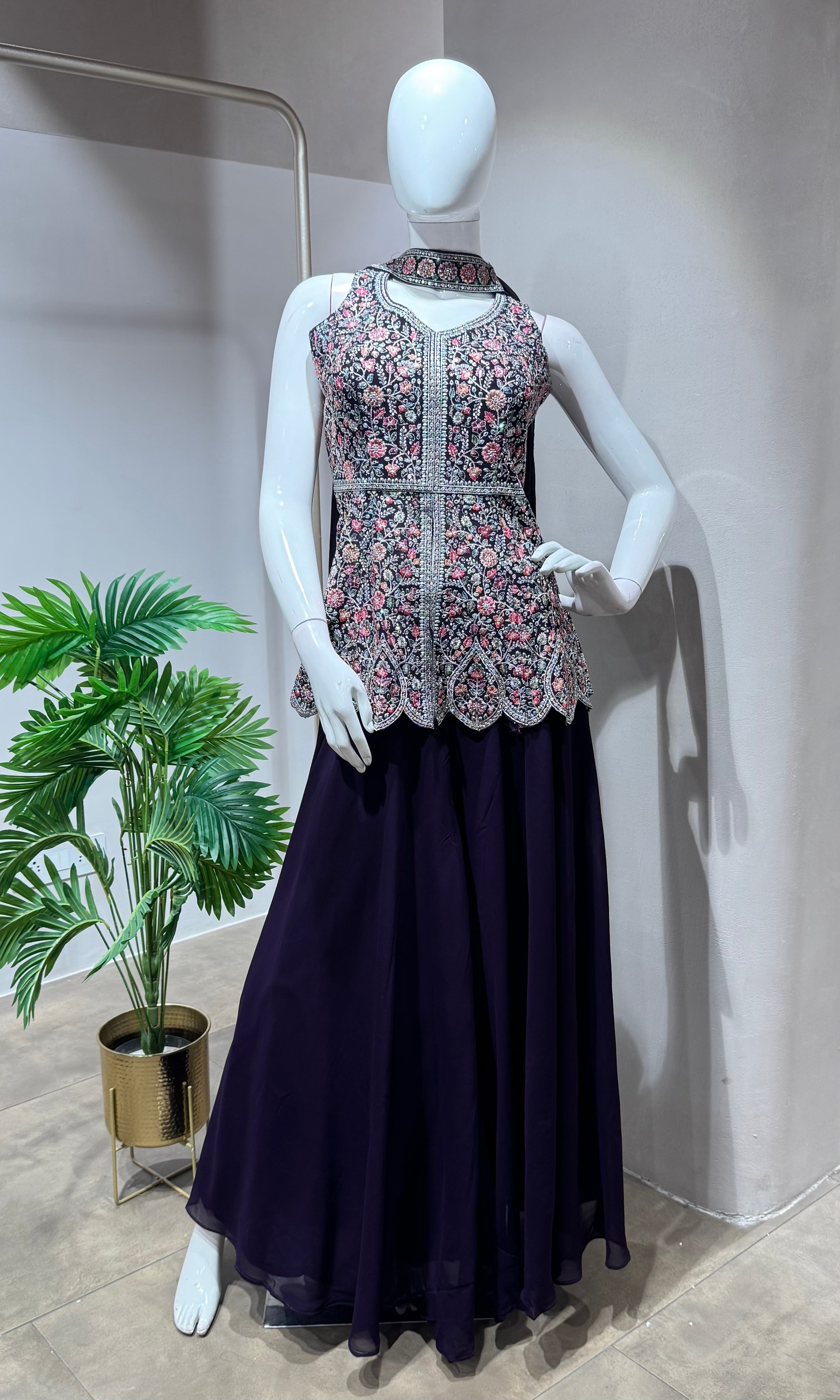 PURPLE EMBROIDERY PEPLUM PALAZZO SET
