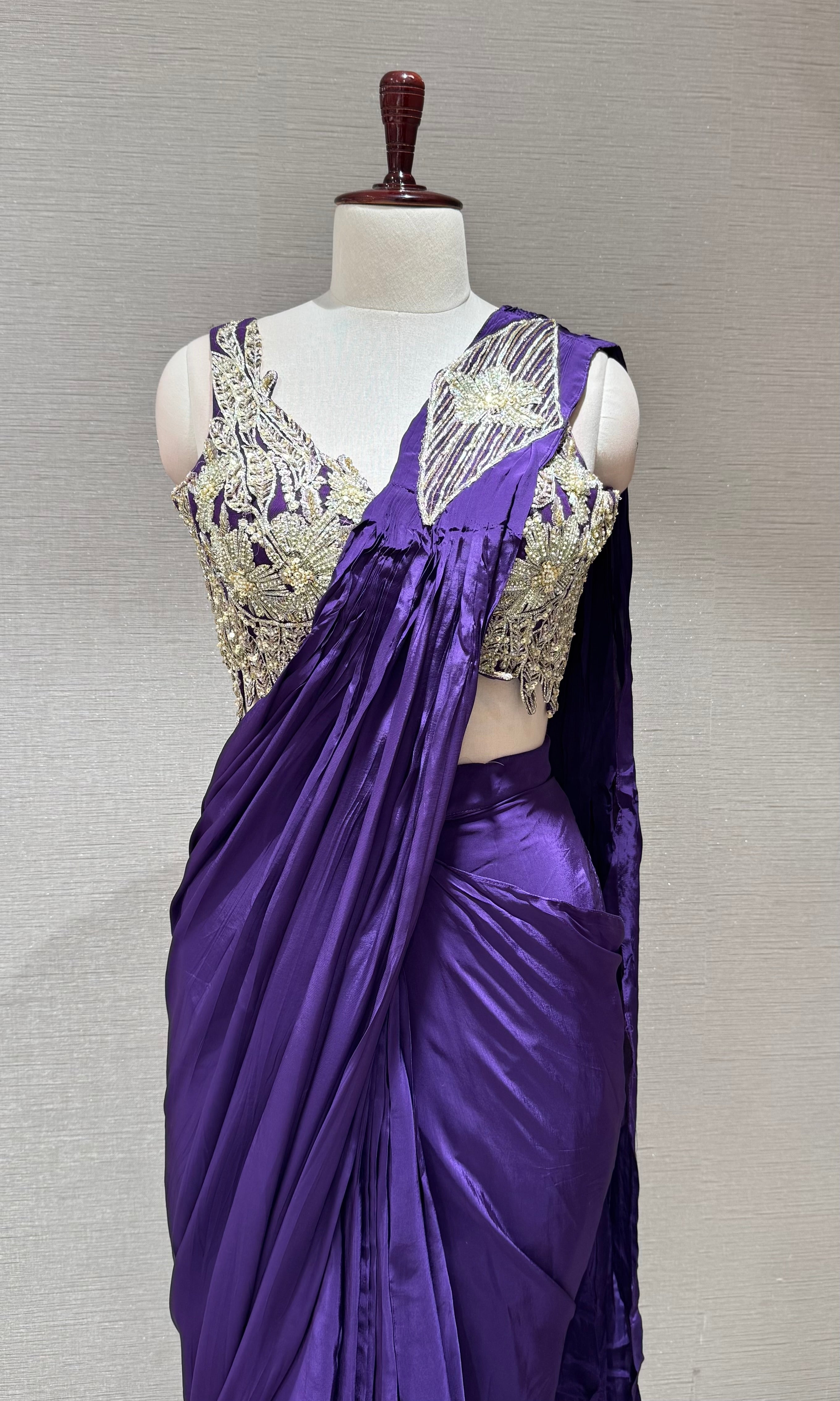 Purple Plum Drape saree with Silver Embroidered blouse