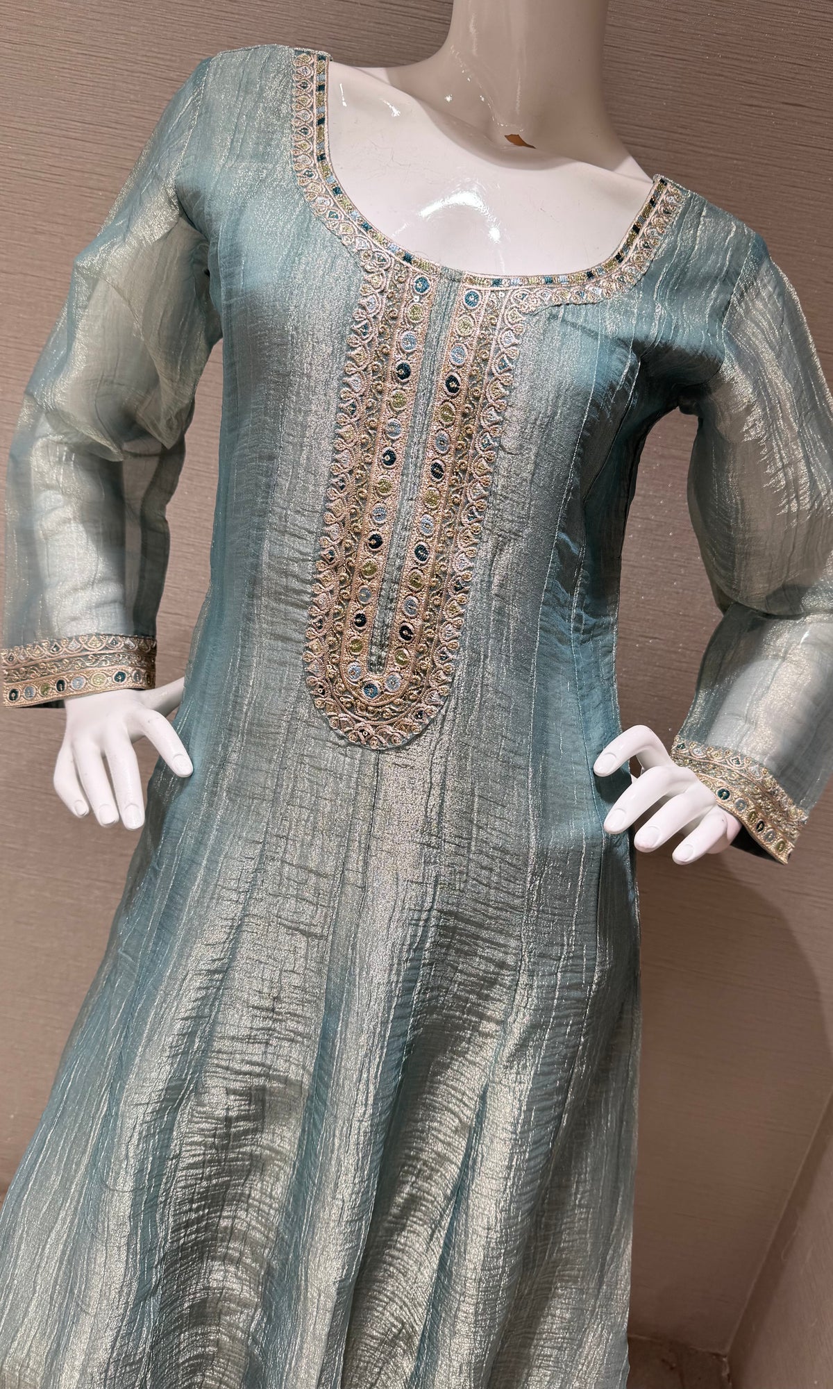blue embroidered Tissue anarkali Set with floral dupatta