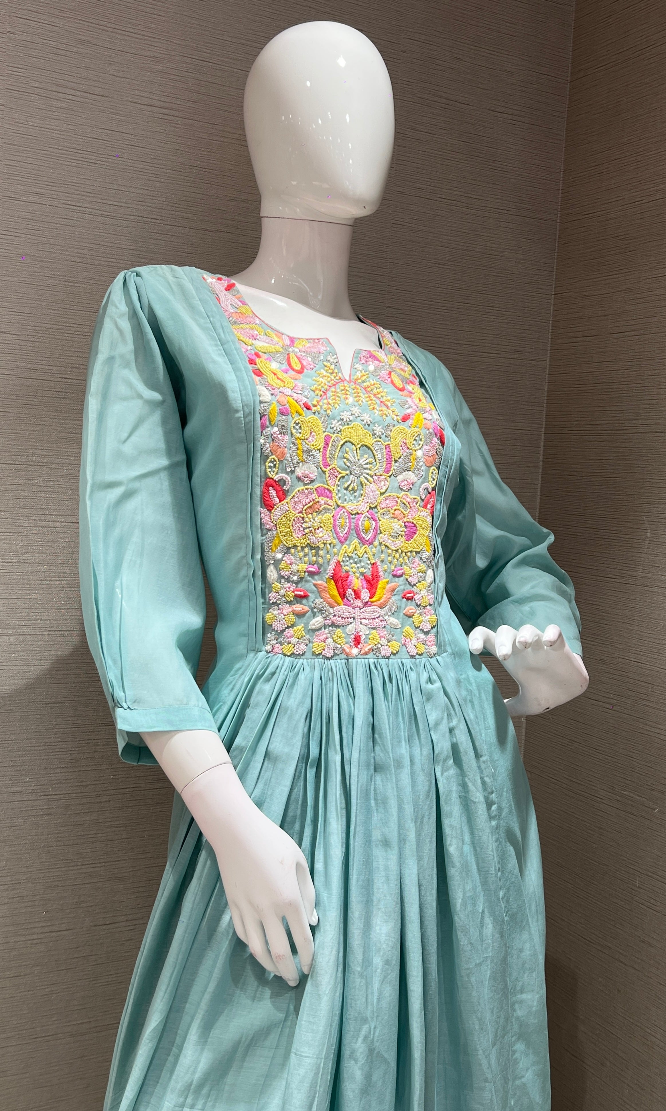 sea blue floral bead work mul chanderi kurta set