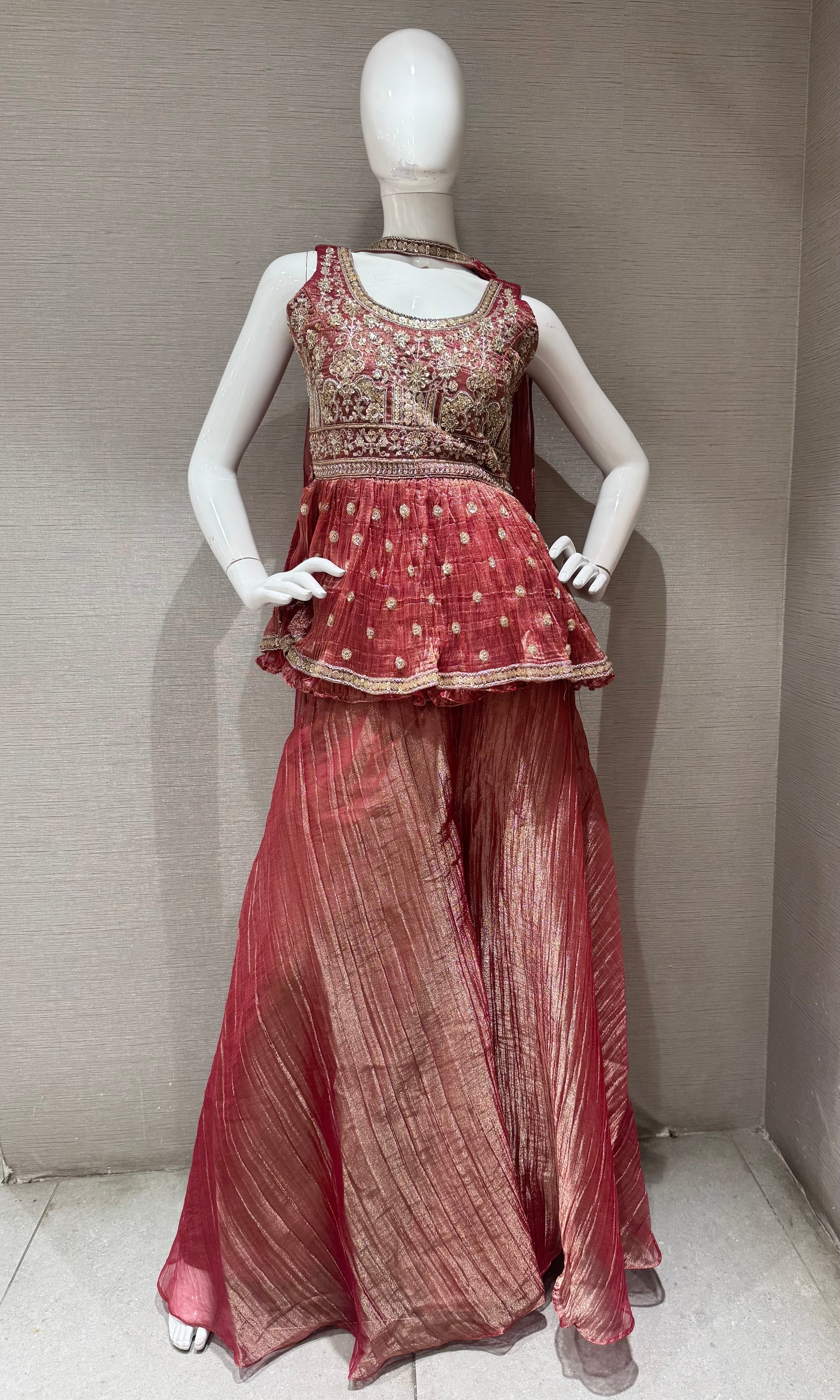 Pink Gold Embellished Peplum Palazzo Set