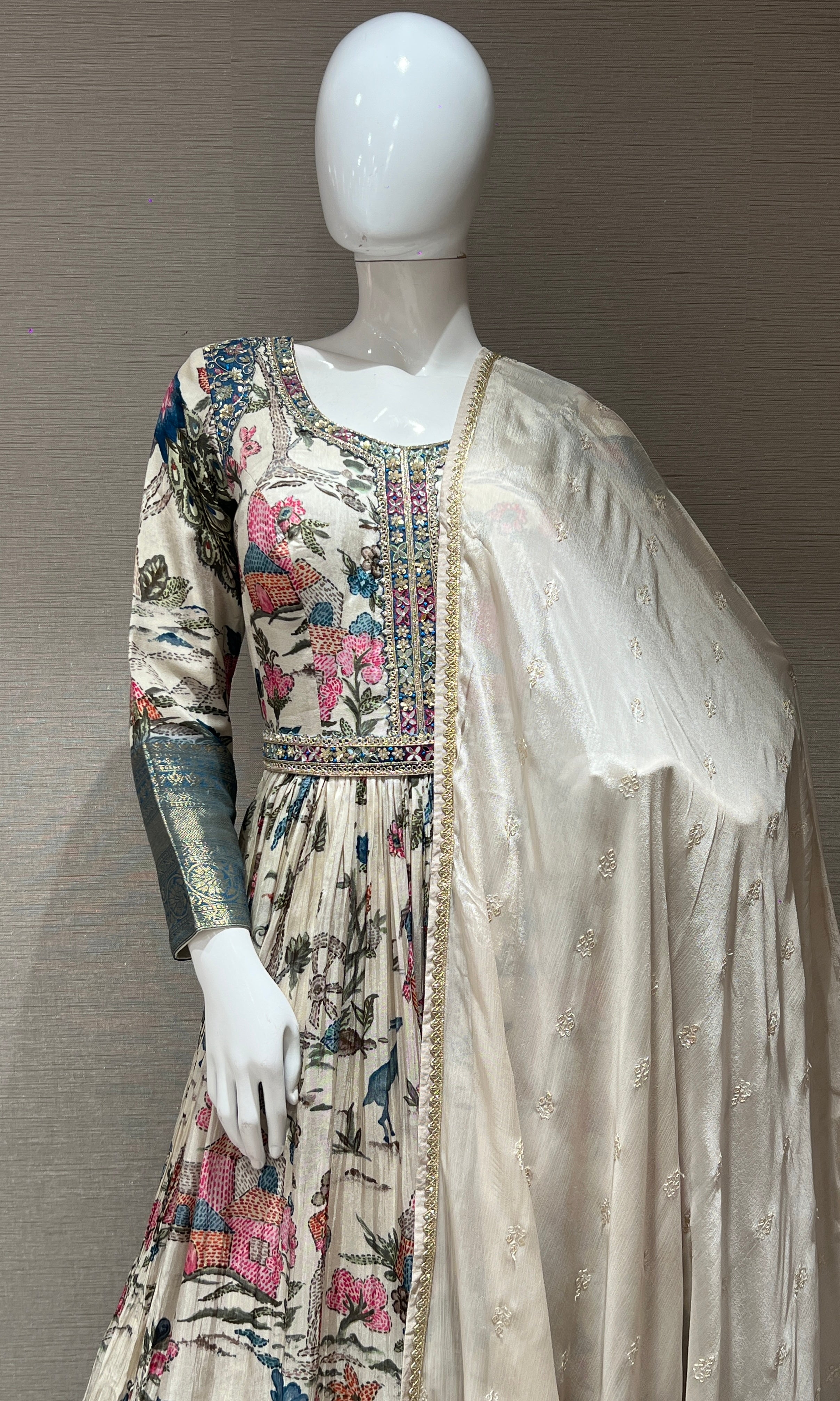 Cream long floral print Anarkali