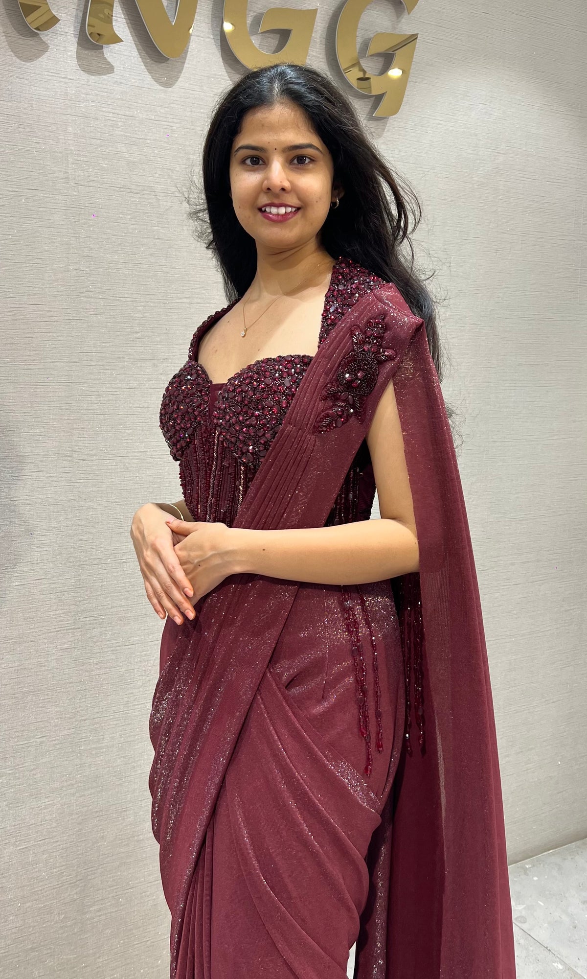 Wine Drape Saree with Embellished Blouse
