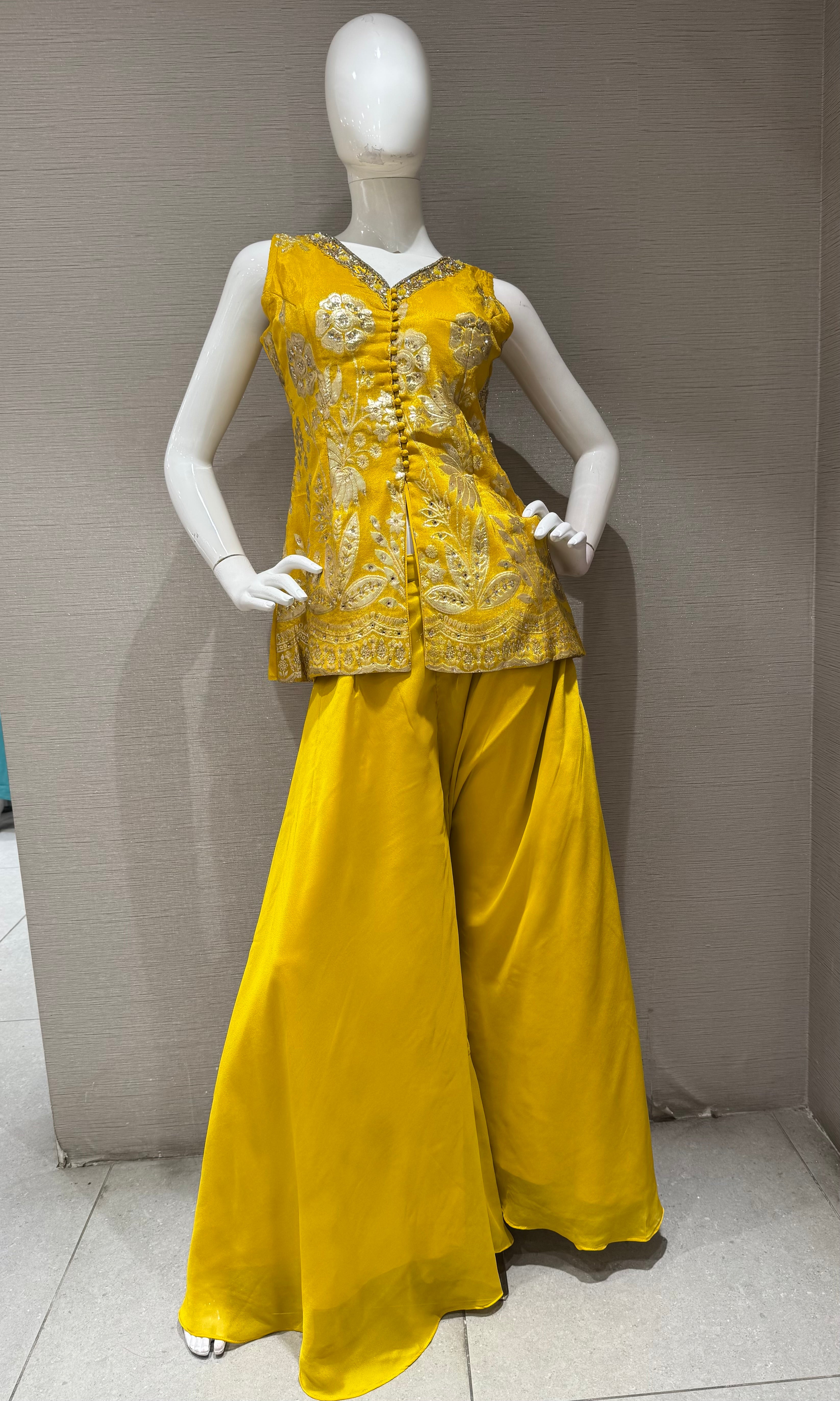 Yellow Embroidered Short Peplum Palazzo Set with Dupatta
