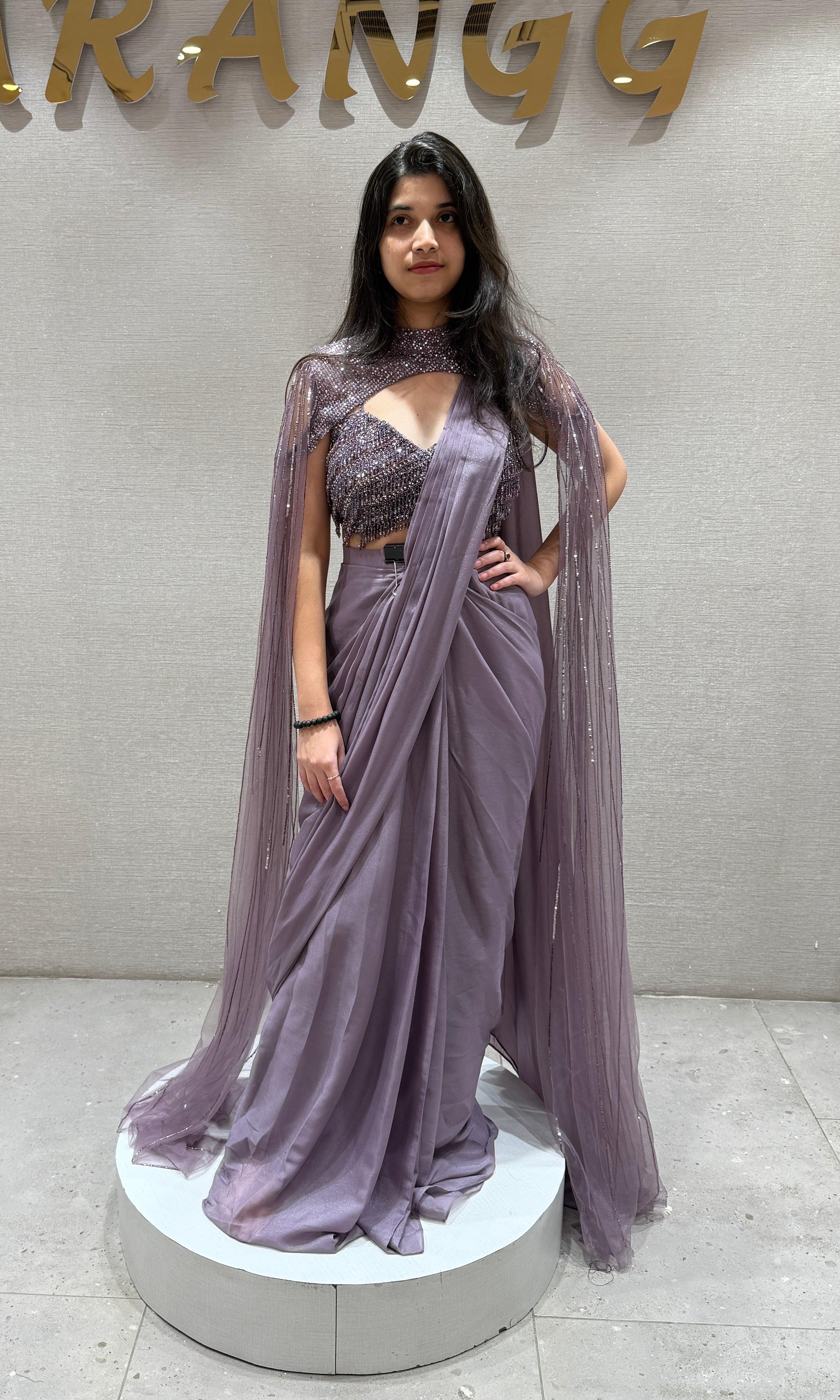 Lilac Sequin Draped Sareee with cape